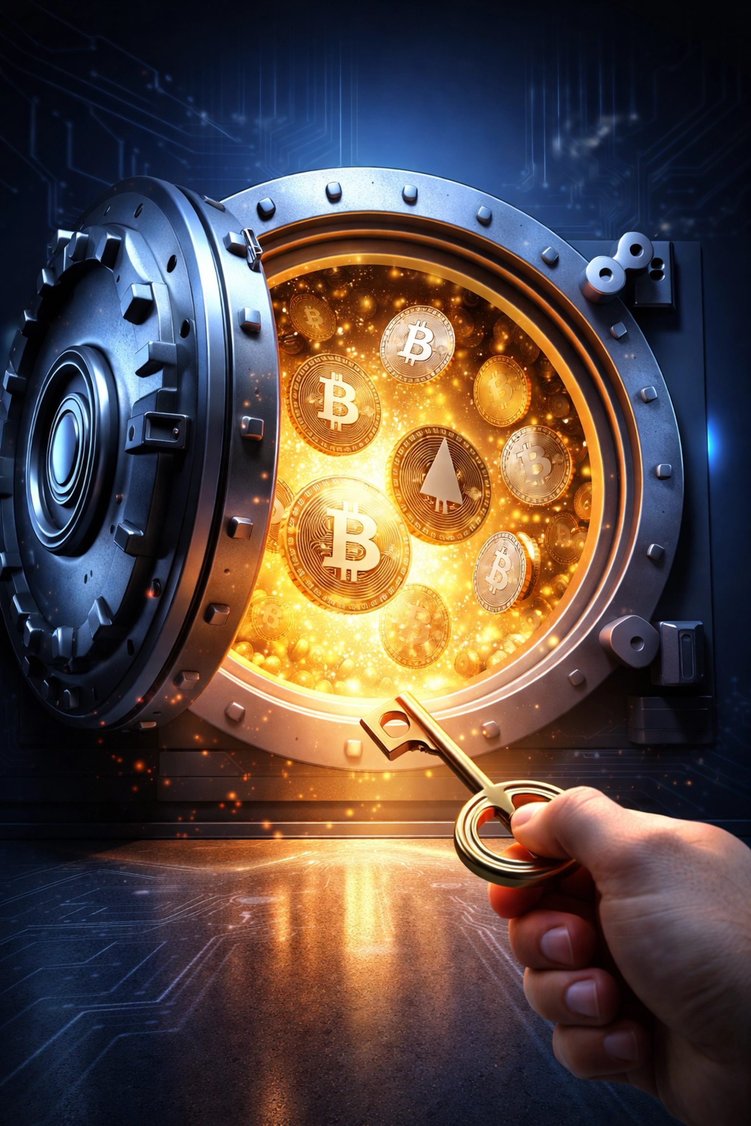 A secure digital vault with floating crypto tokens and a hand holding a key symbolizing self-custody for small business payments