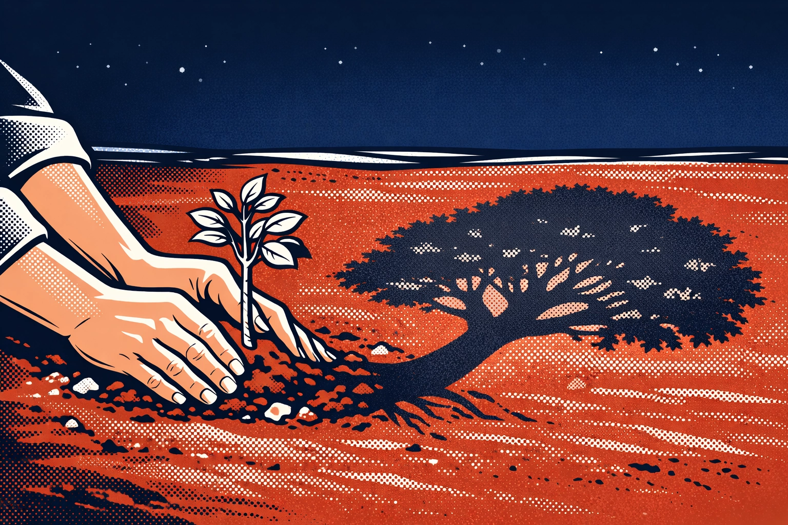 Hands planting tree sapling with shadow forming shape of mature tree symbolizing stewardship