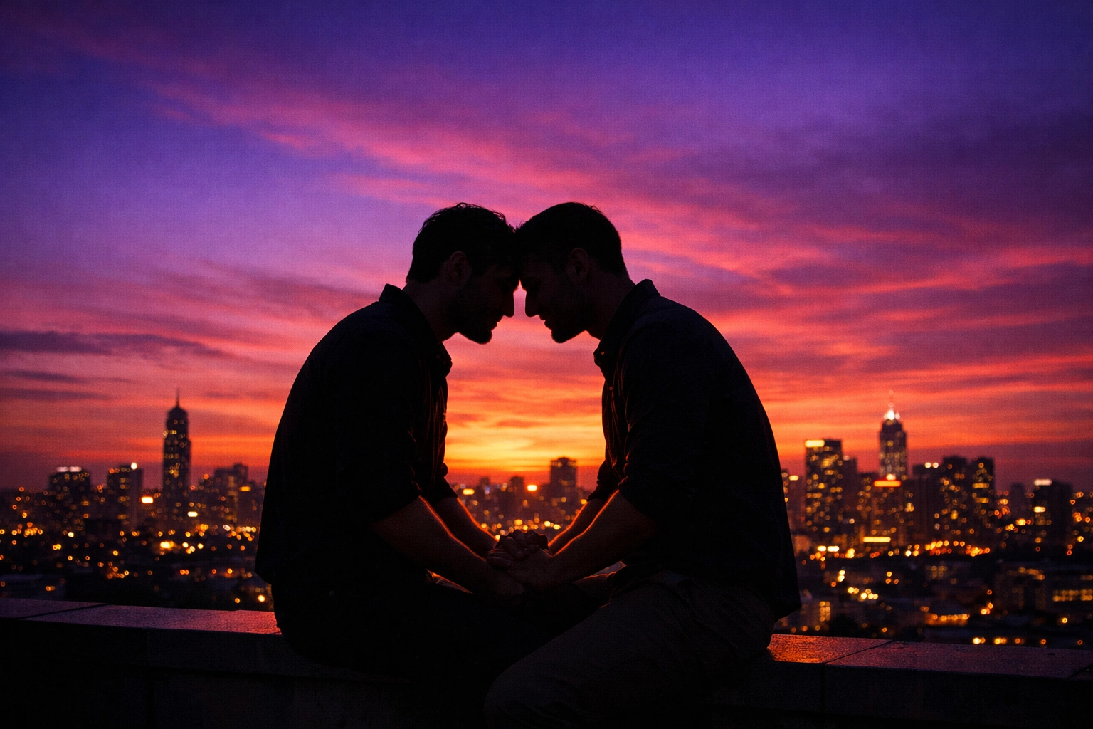 A romantic silhouette of two men on a rooftop at sunset, the payoff of an enemies to lovers journey.