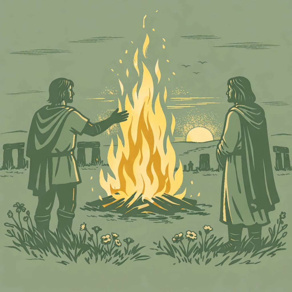 Two men performing ancient pagan Midsummer bonfire ritual at summer solstice with stone circles