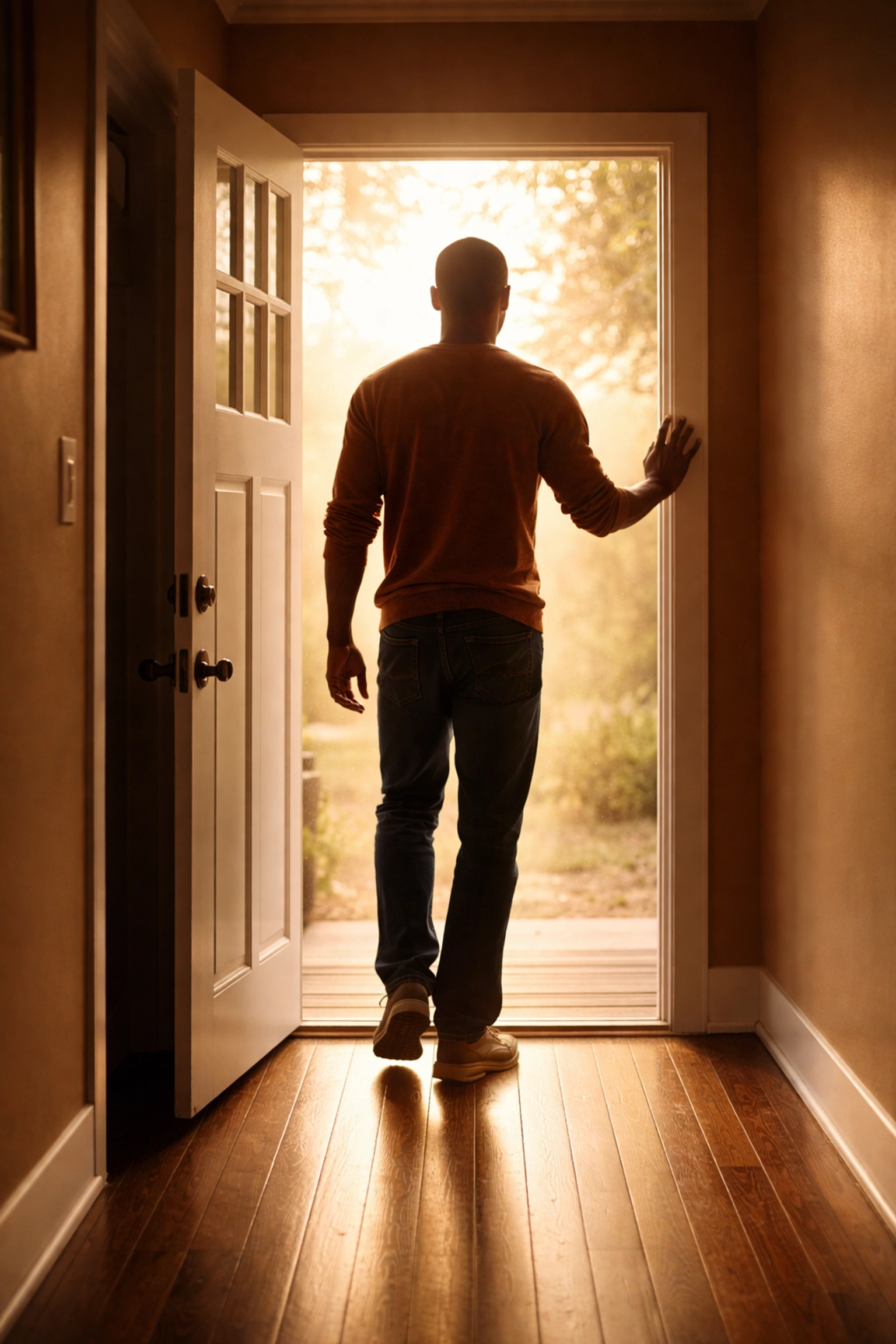 Black man stands at an open door in warm morning light, symbolizing taking the first step toward mental wellness.