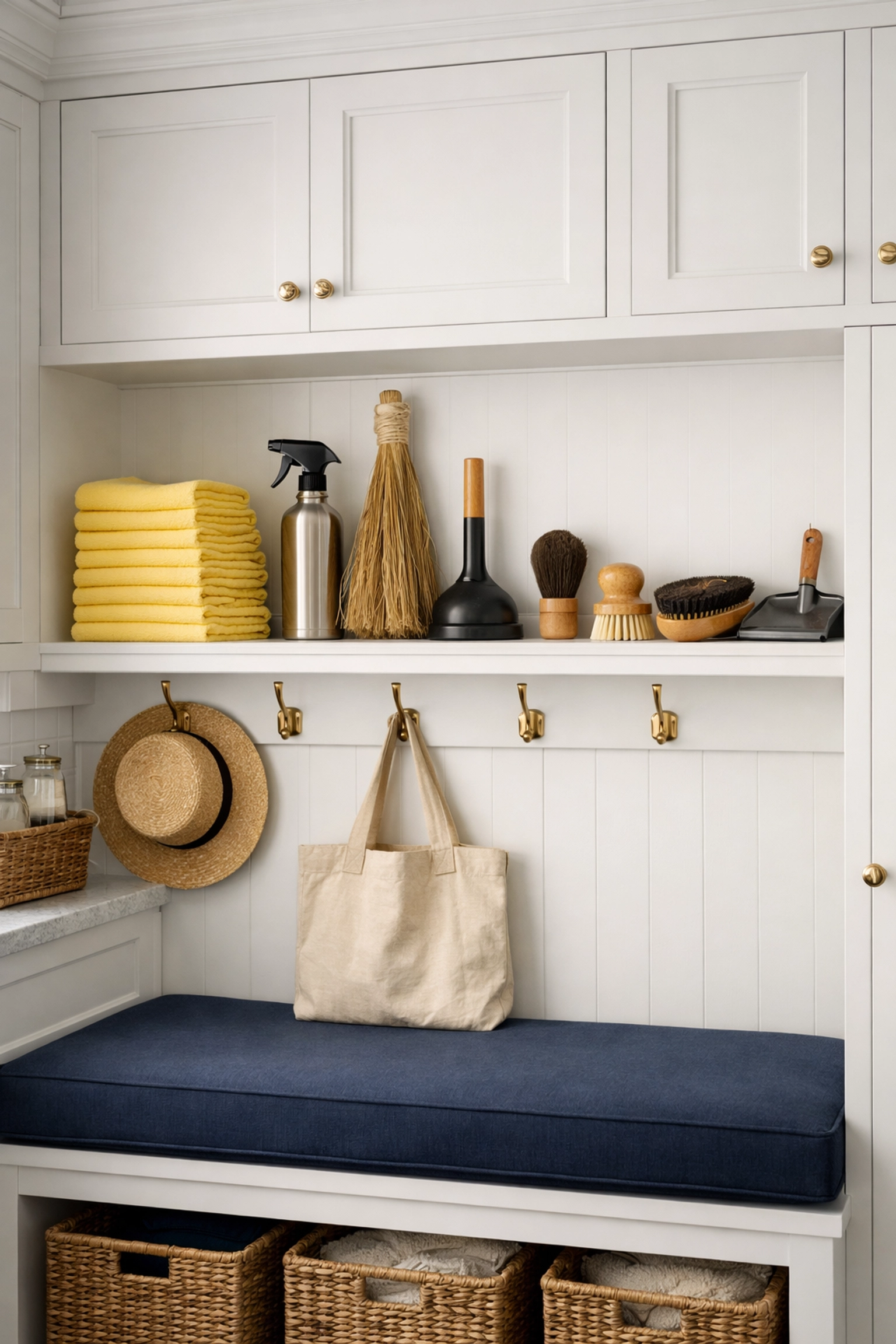 Professional cleaning tools organized in a high-end Westwood home mudroom.