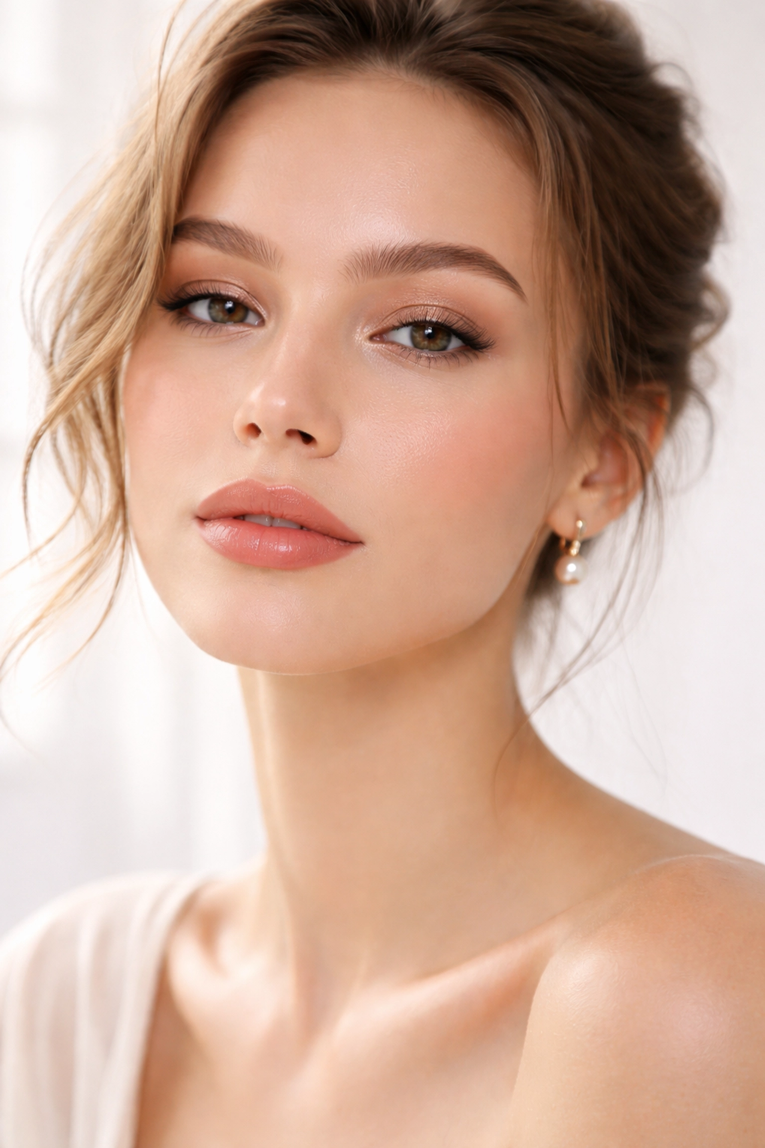 Elegant woman with lighter skin tone wearing nude lipstick, demonstrating flawless natural lip color for modern style.