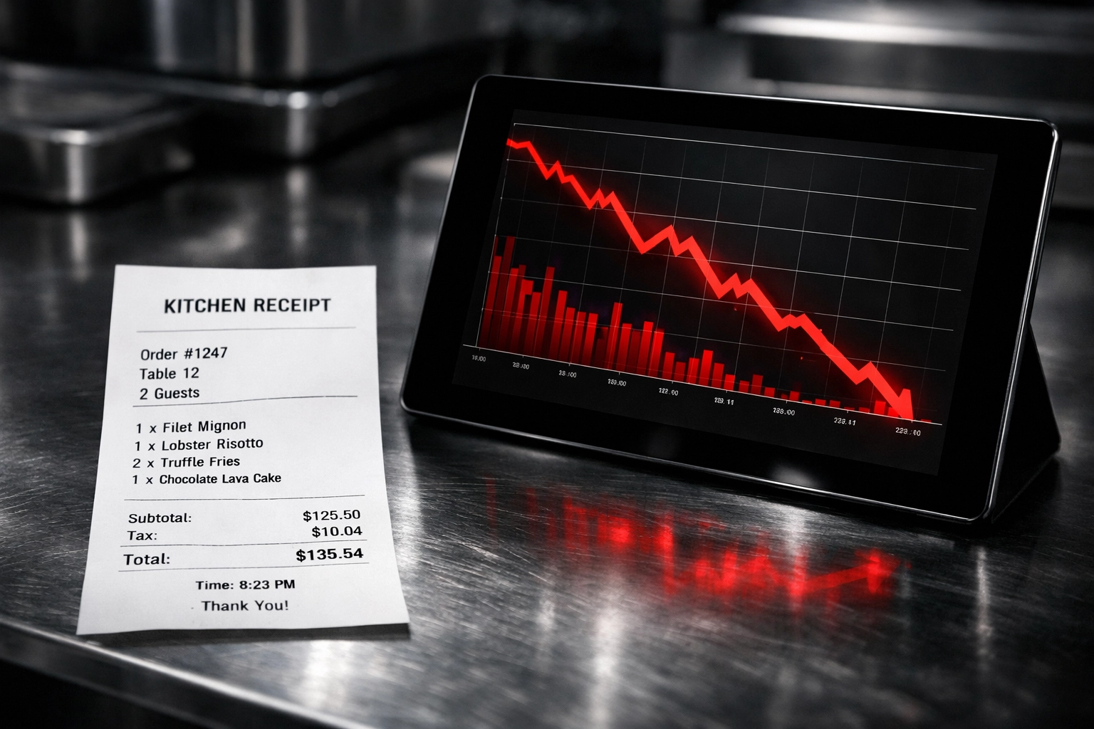 Rising restaurant costs visual: dramatic receipt and tablet with red downward trend lines in a high-end commercial kitchen