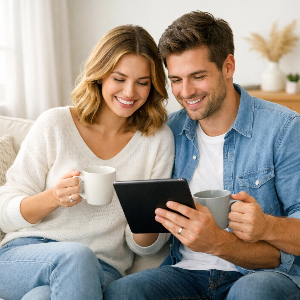 Happy engaged couple planning debt-free wedding together with morning coffee