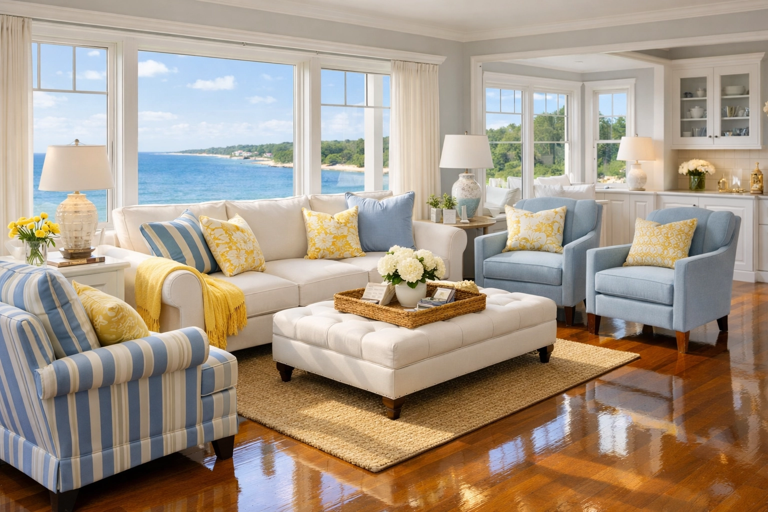 Eco-friendly cleaning in Pocasset, MA in a bright coastal living room with polished hardwood floors.