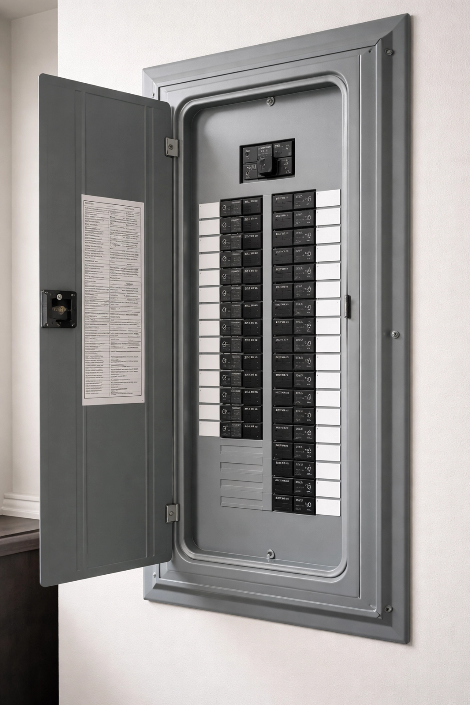 Modern 200-amp electrical panel with organized breakers in a bright Edmonton utility room