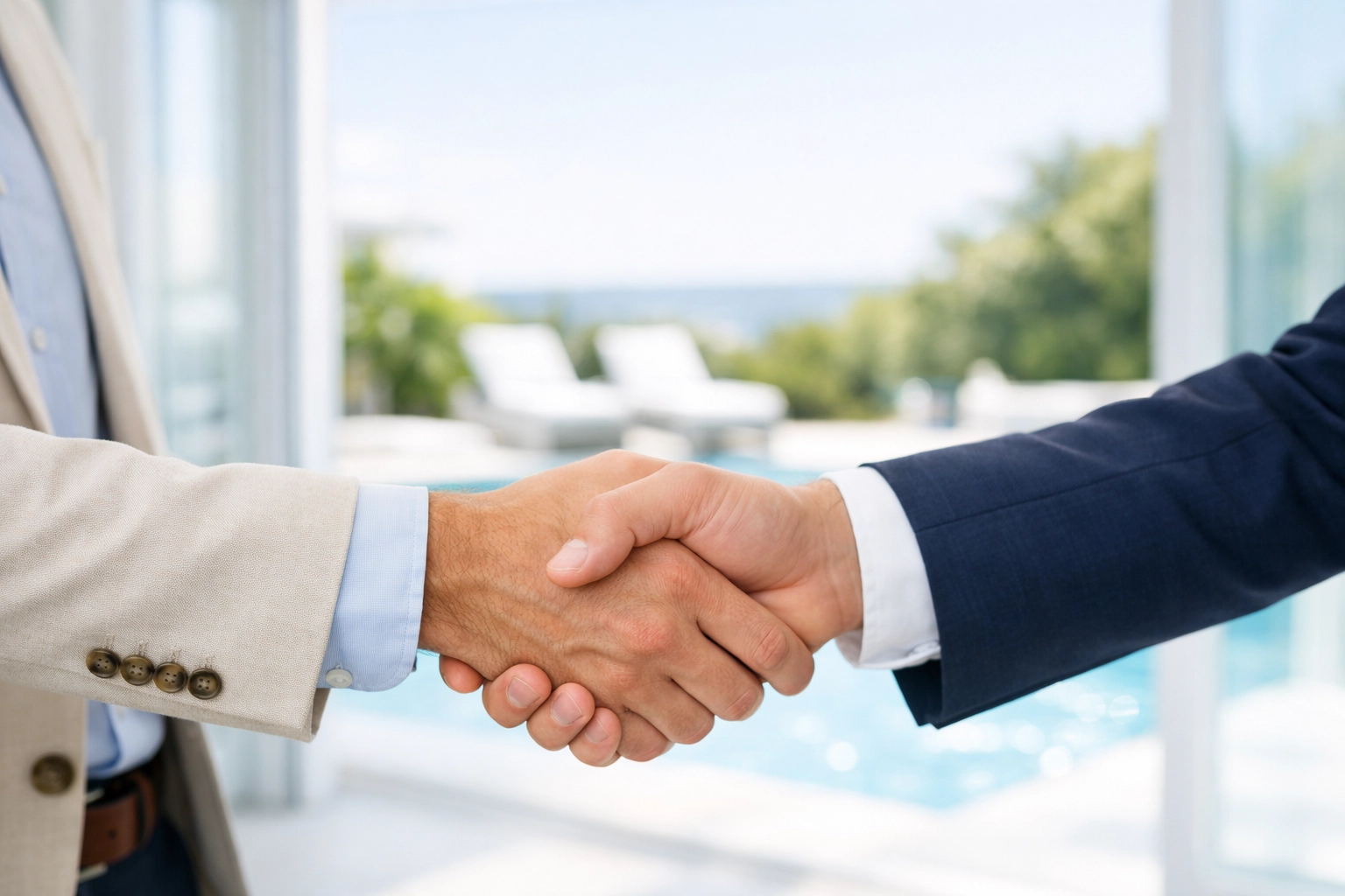 Professionals shaking hands on a pool route business sale with a swimming pool in the background.