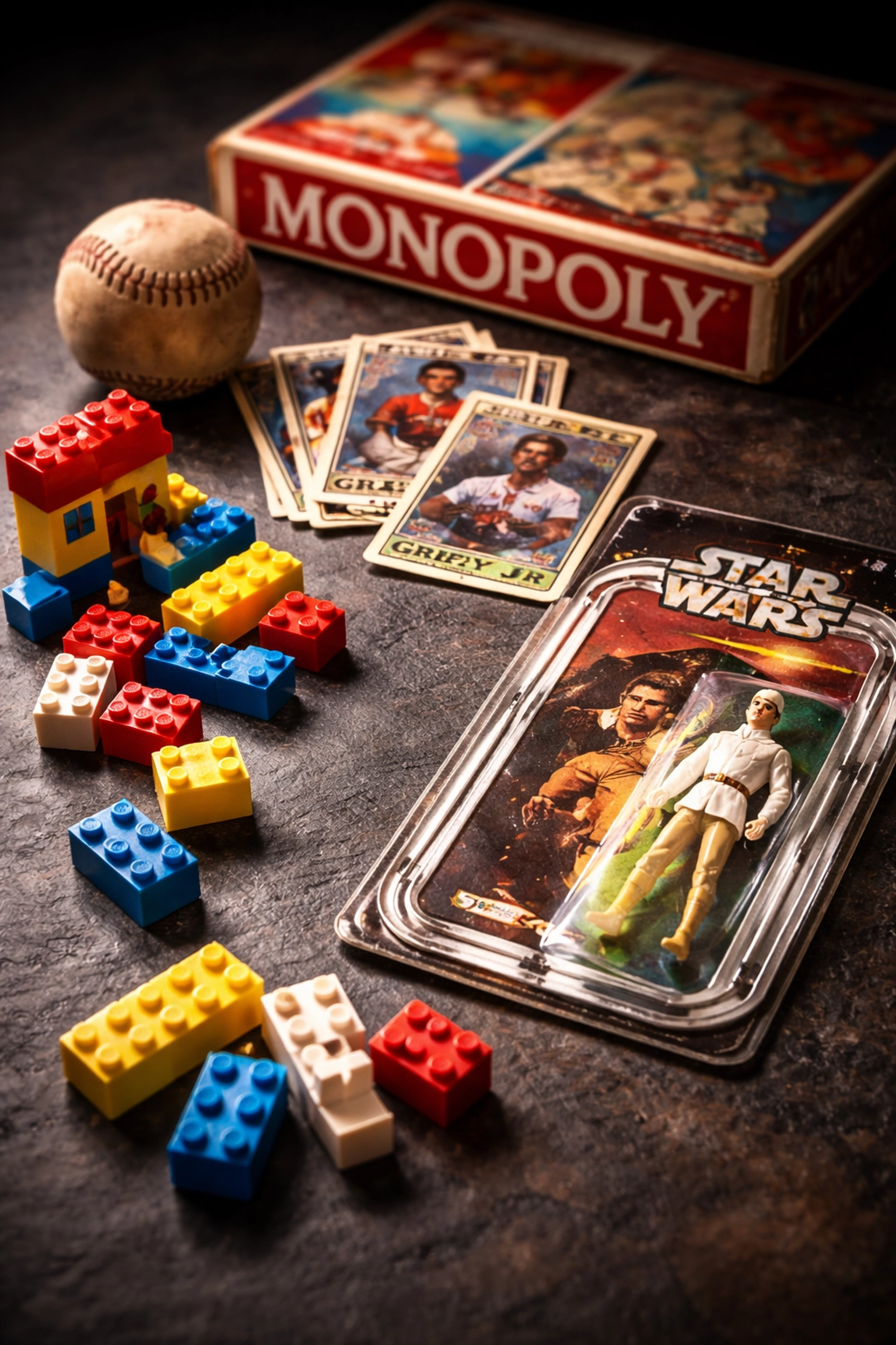 Collectible LEGO bricks, vintage action figures, baseball cards, and classic board games with strong resale potential