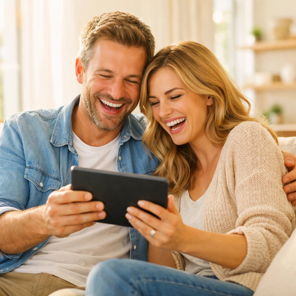 Happy couple planning a stress-free wedding and avoiding debt using digital invitation tools.