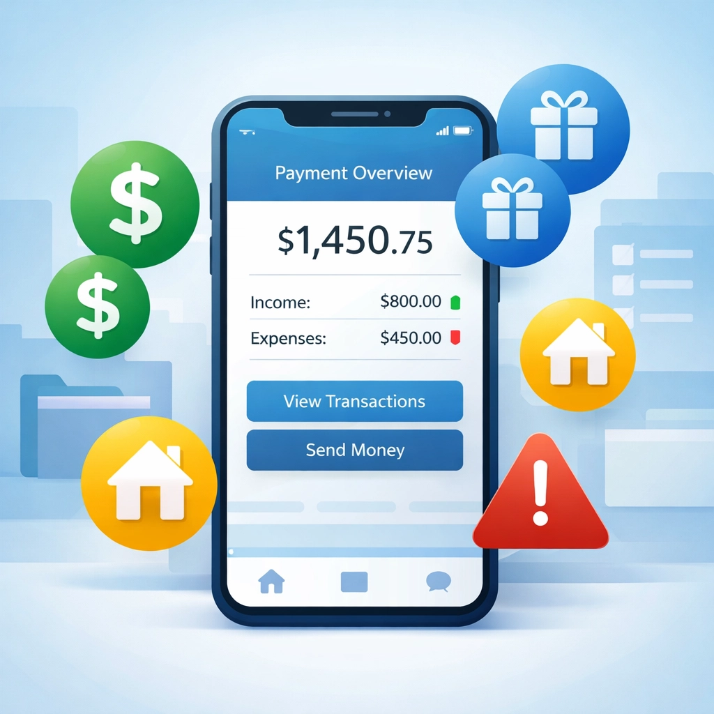 Payment app showing business income, gifts, and reimbursements categorized for tax planning