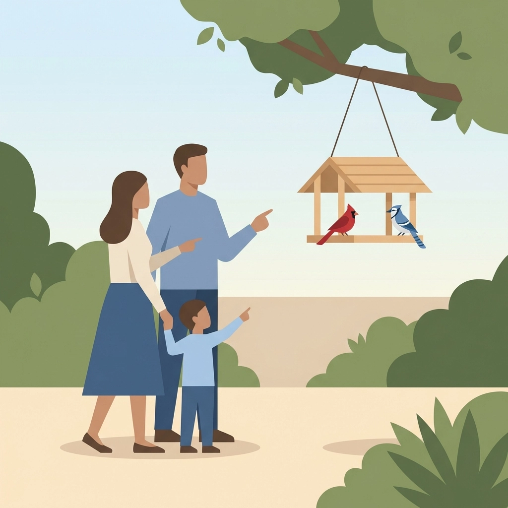 Family watching a wooden bird feeder with cardinals and blue jays in a backyard bird bingo game