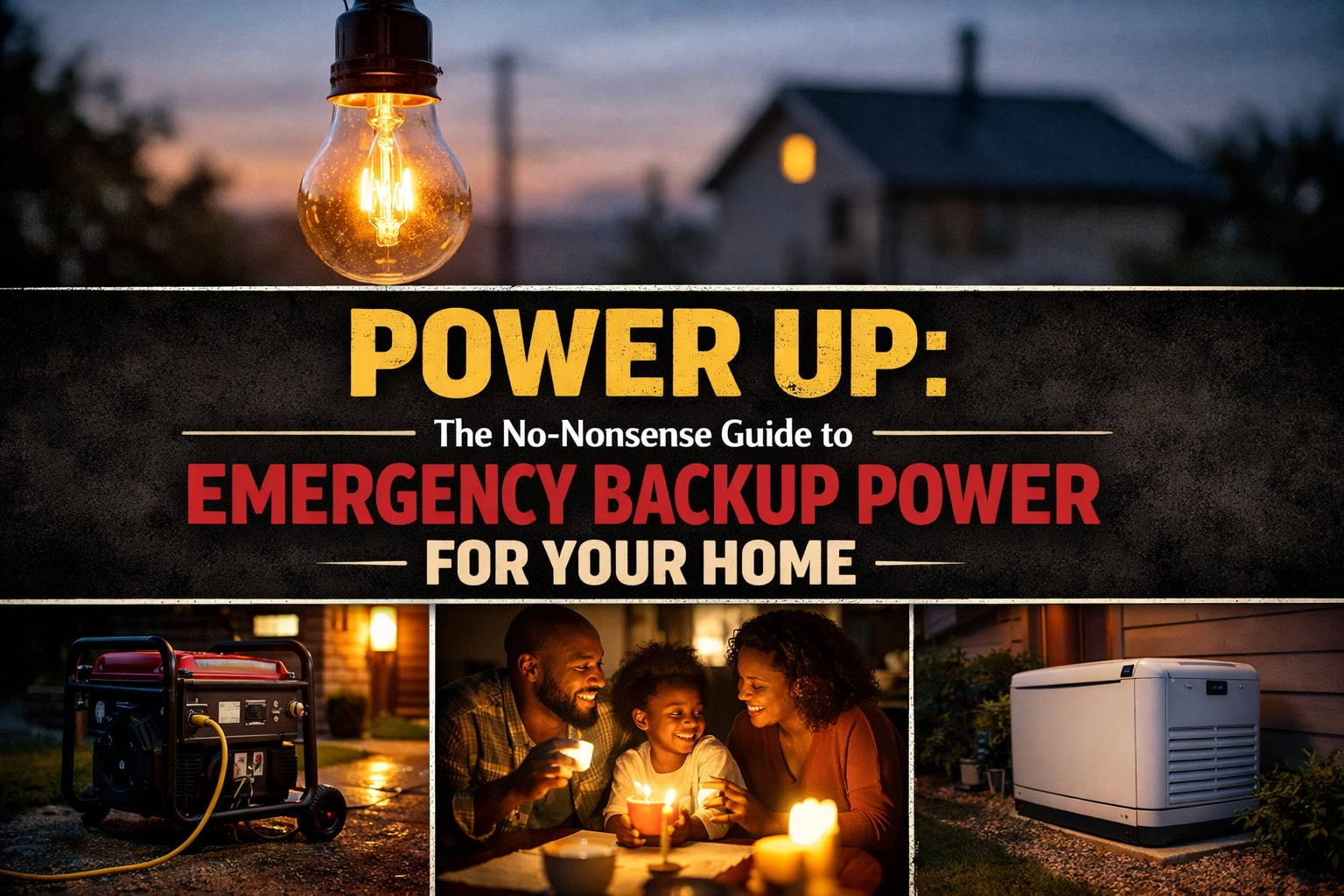 title picture: top image is a close up of a light bulb with a home in the background; bottom left is a home generator, middle bottom image features a father, mother and child sitting in candlelight smiling, abottom right is afixed home generator.The Best Emergency Power Back up Options for Every Budget
