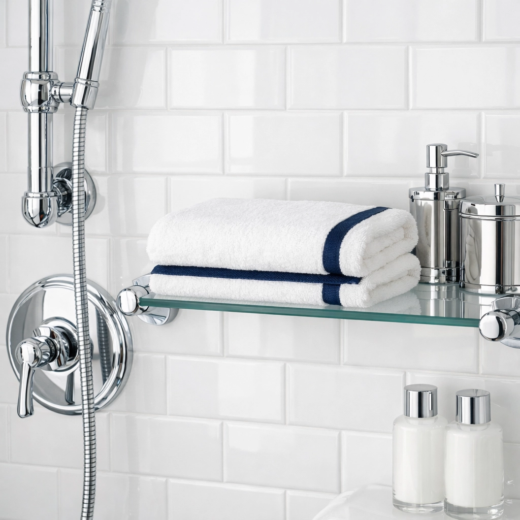Pristine master bathroom with white subway tiles and polished chrome fixtures in a Southborough home.