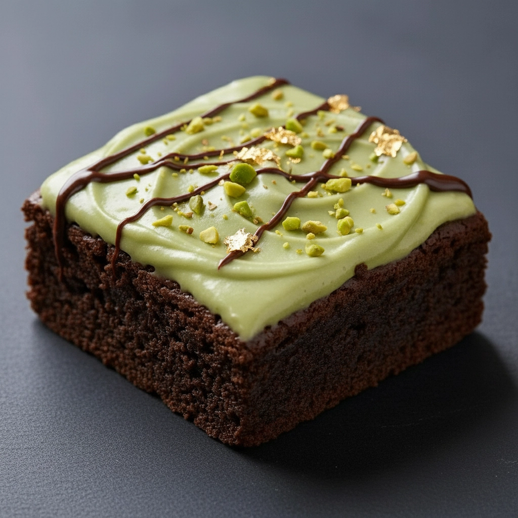 Glamour final shot: pistachio icing, pistachios, drizzle, and gold flakes on thick brownie bar — Crumbl Dubai brownie copycat