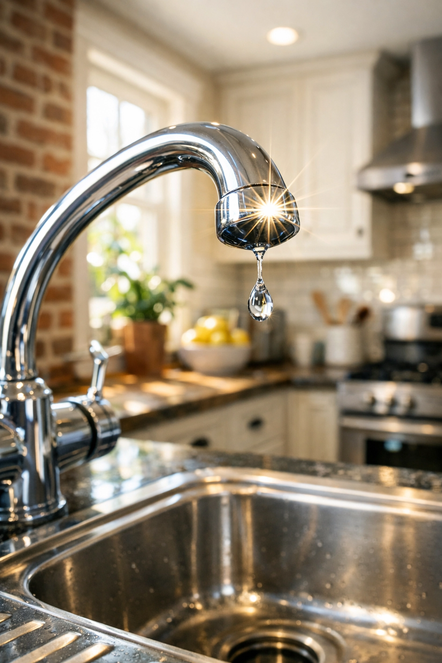 A water droplet falling from a kitchen faucet, symbolizing proactive plumbing maintenance in Philadelphia.