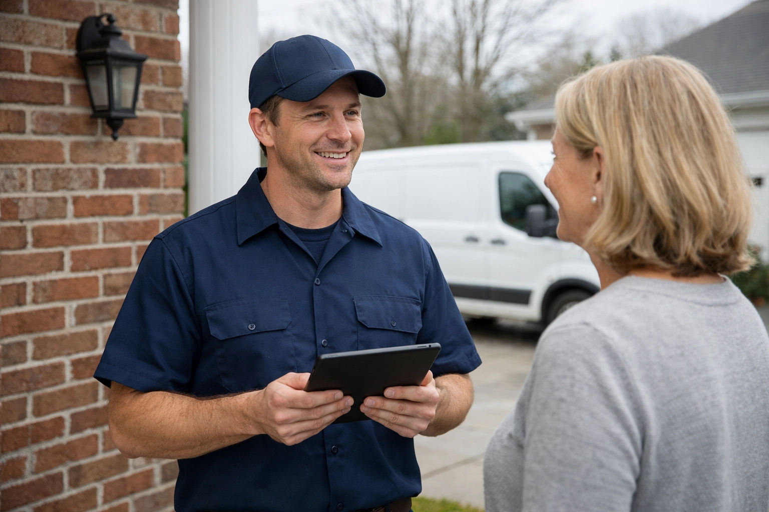 Professional technician discussing water damage restoration plans with a Cornelius NC homeowner.