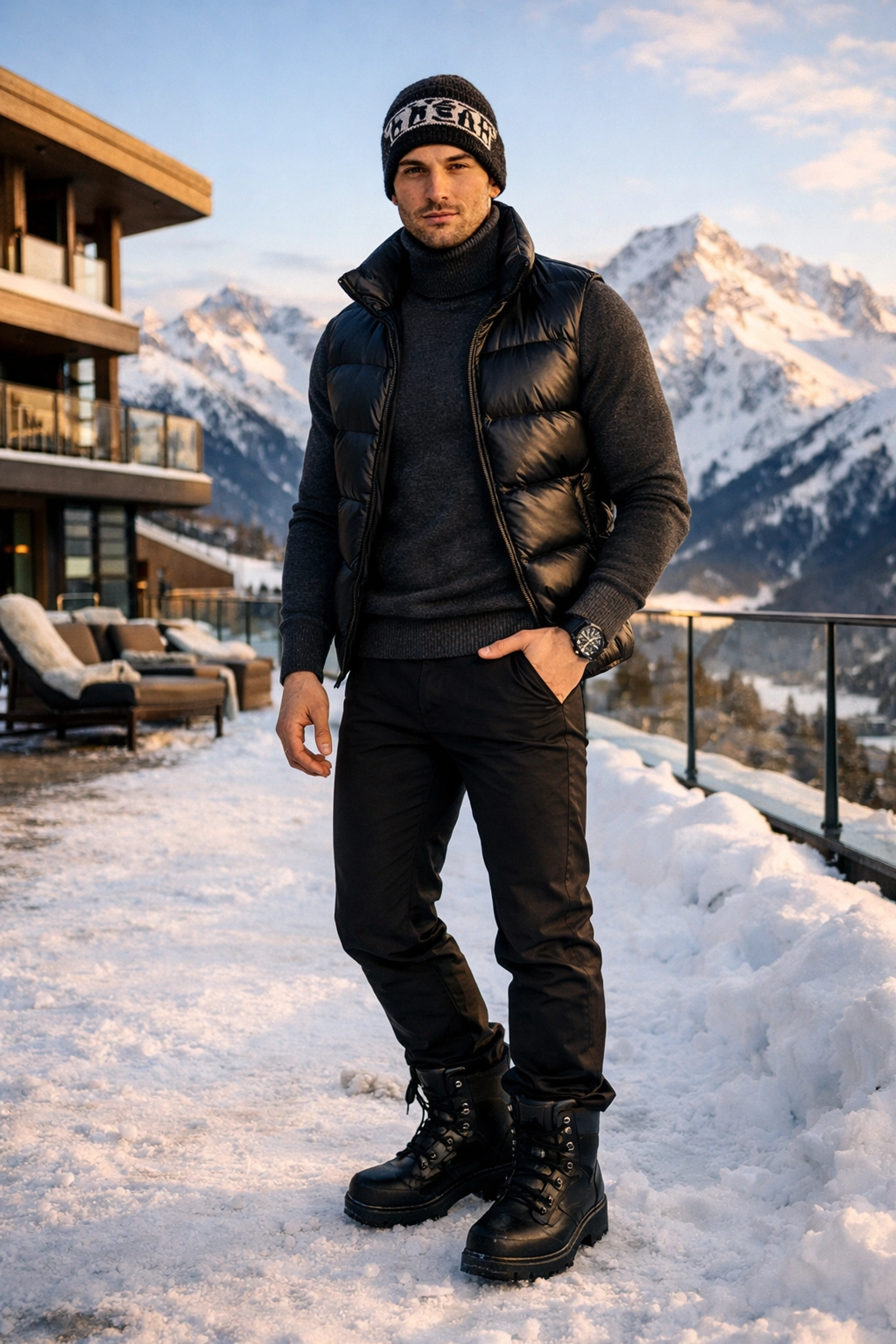 Gay man in stylish après-ski fashion at mountain ski resort
