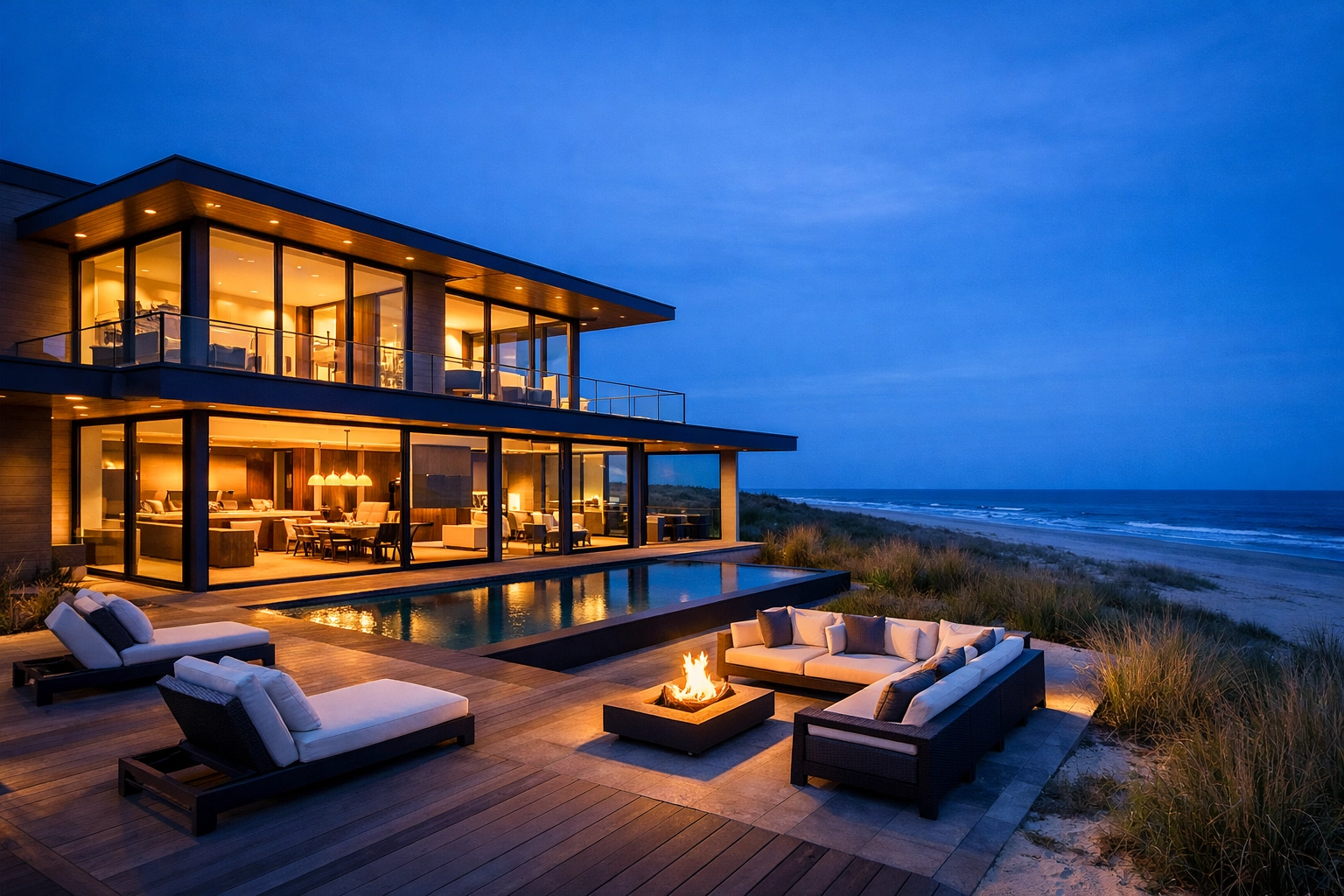 Modern luxury beachfront villa on Bolivar Peninsula with glowing evening lighting.