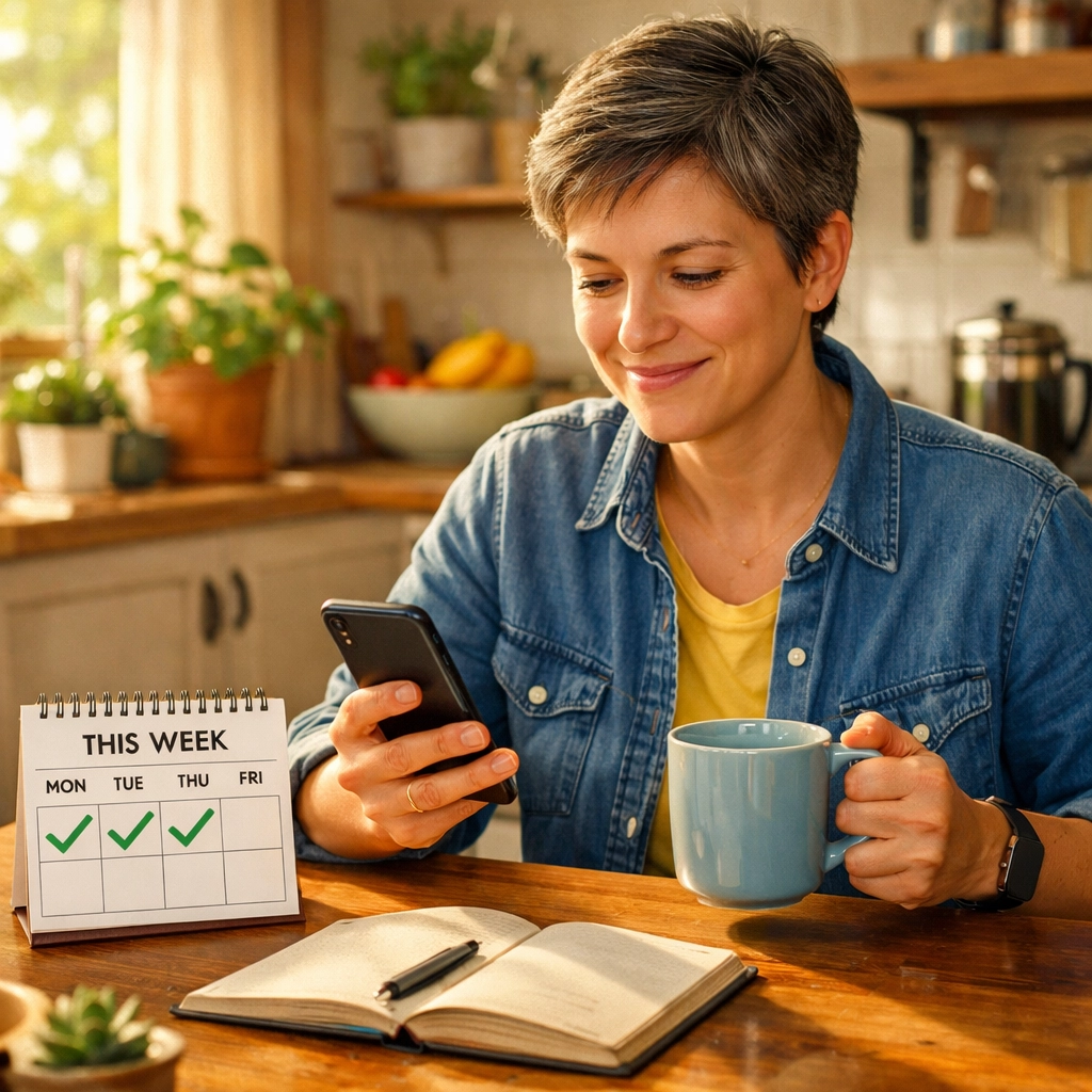 Person calmly checking news with coffee and five-day calendar tracking progress