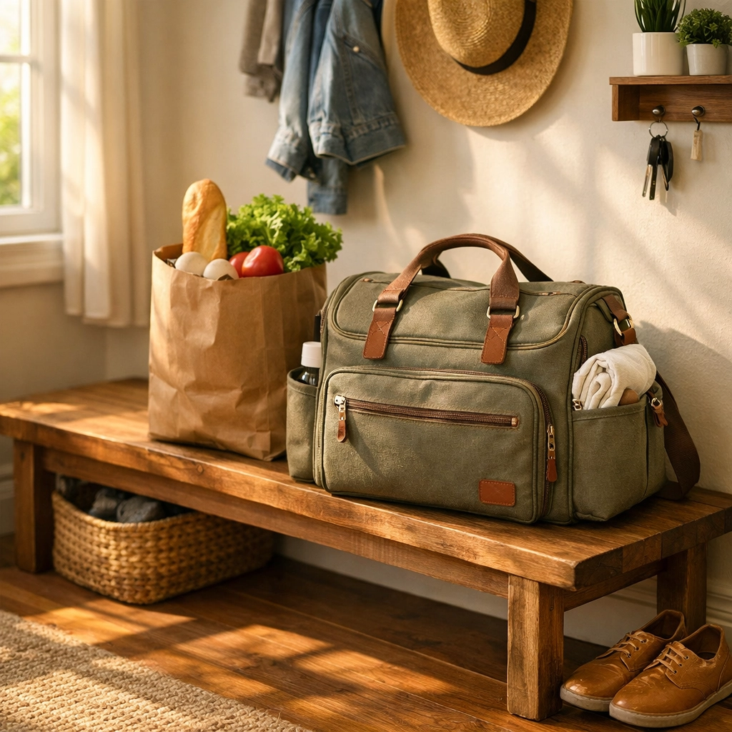 Packed diaper bag and groceries in a calm entryway, reflecting expert postpartum doula services.
