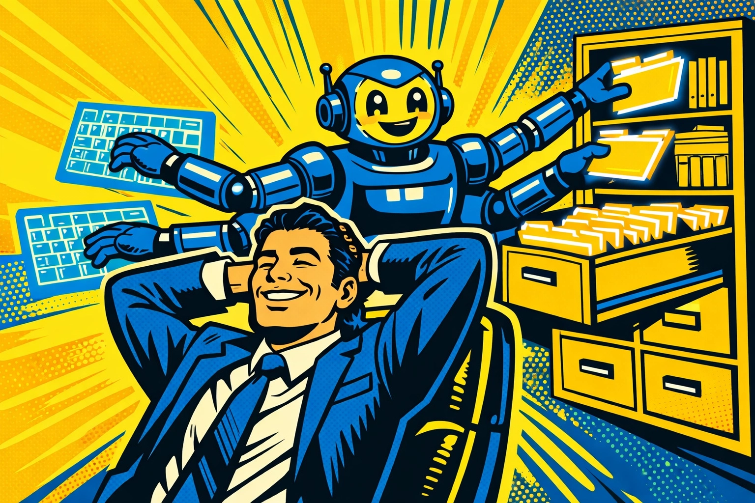 Business owner relaxing while a robot uses business automation tools to handle admin tasks and invoices.