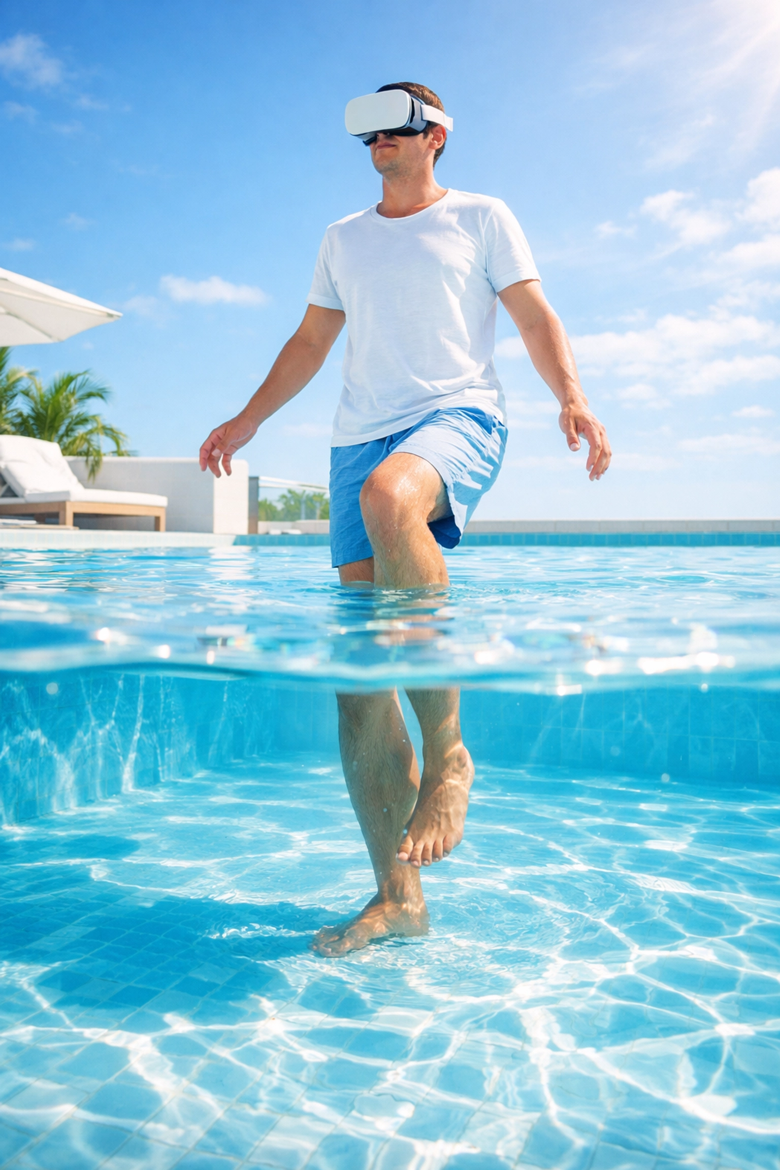 Patient performing VR balance therapy in a Venice FL pool to regain mobility and stability.