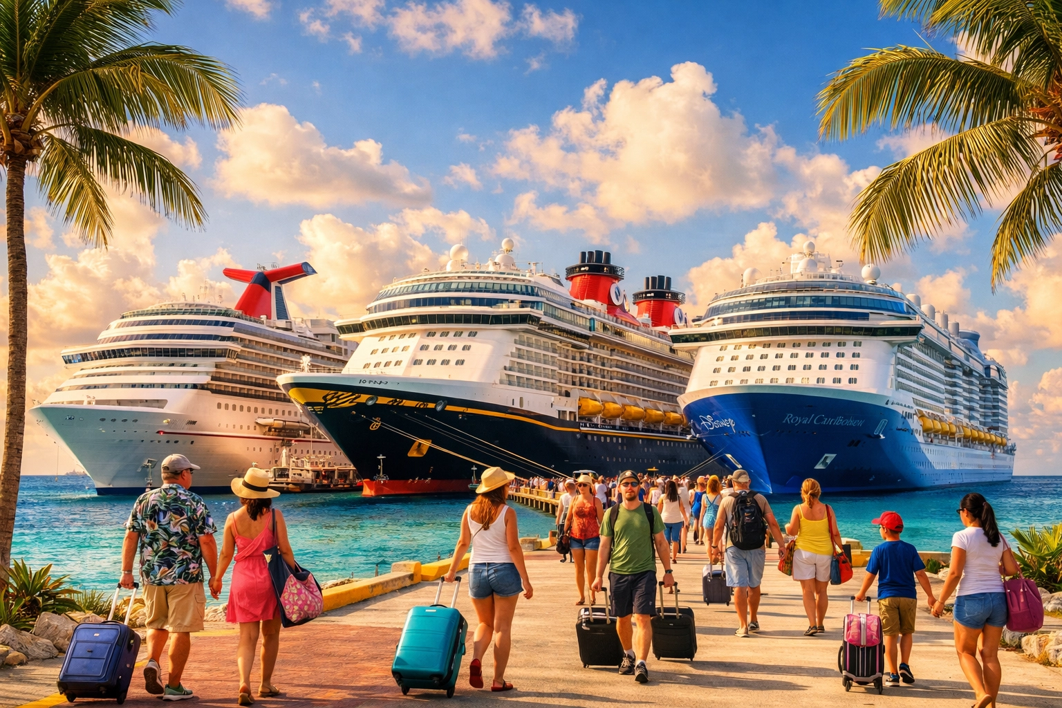 Three cruise ships docked at tropical port - Carnival, Royal Caribbean, and Norwegian Cruise Line