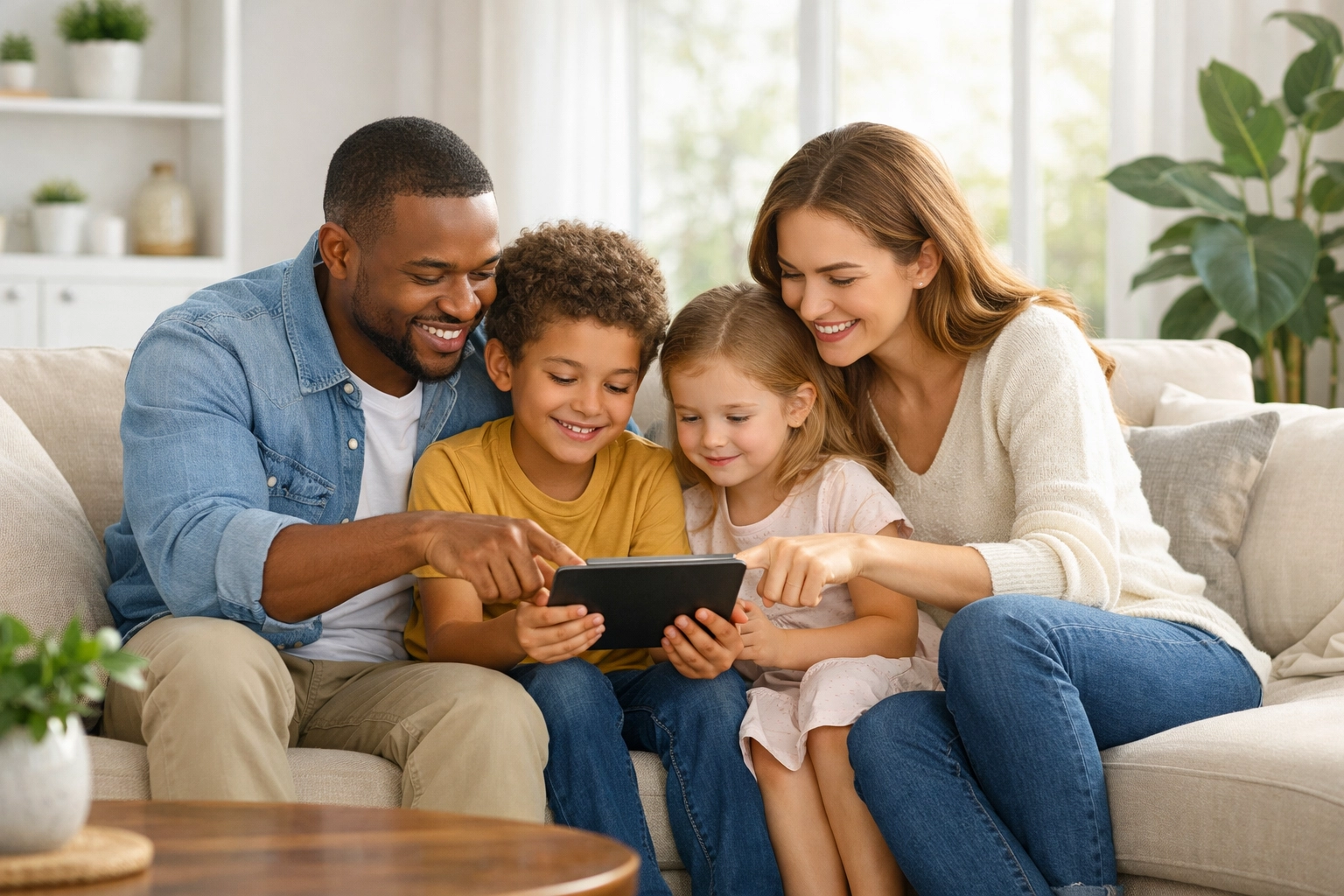 A family grows in faith using a digital Bible study at home, supported by Boundless Online Church.