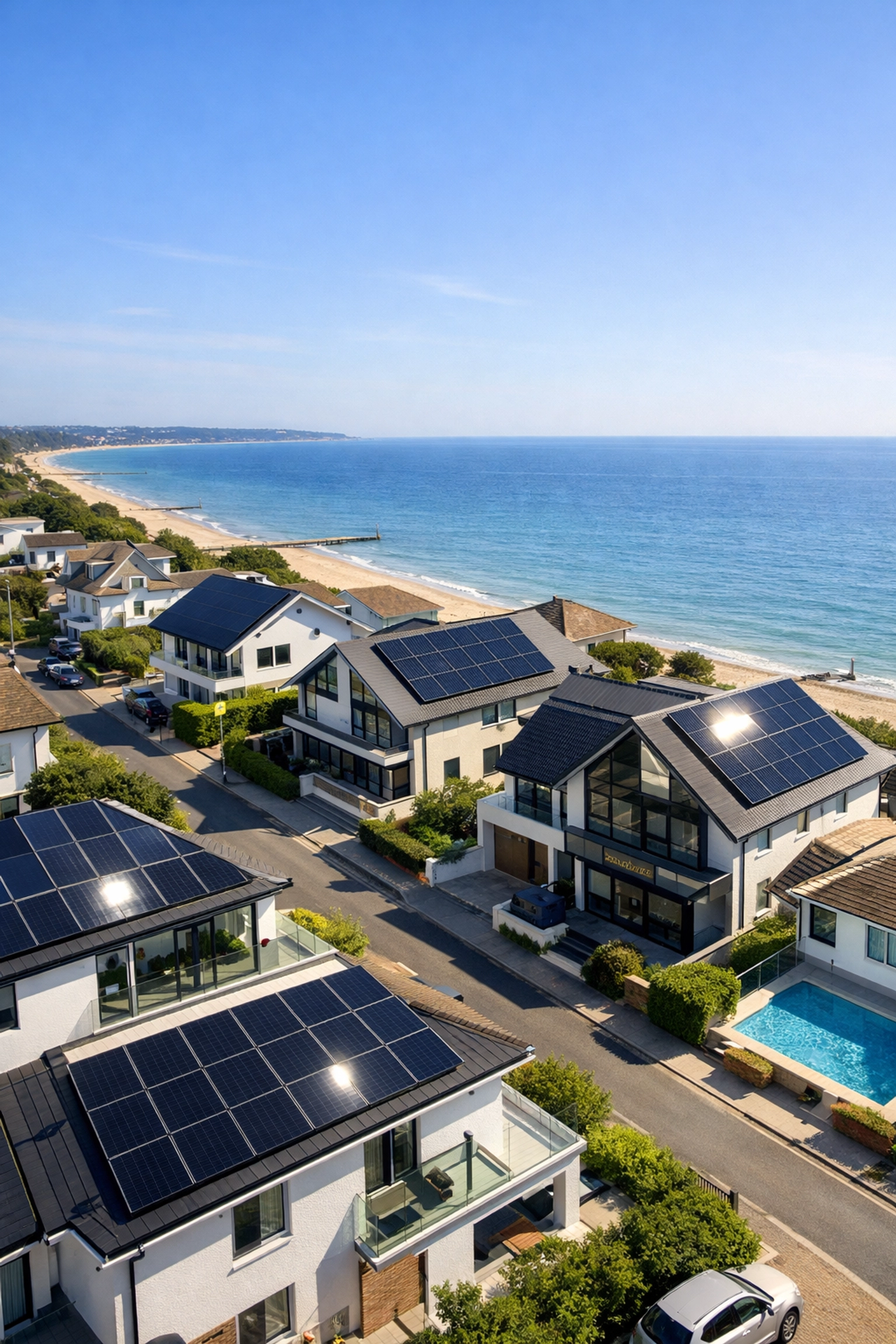 Aerial view of solar panels on coastal Bournemouth rooftops in the Sandbanks area.
