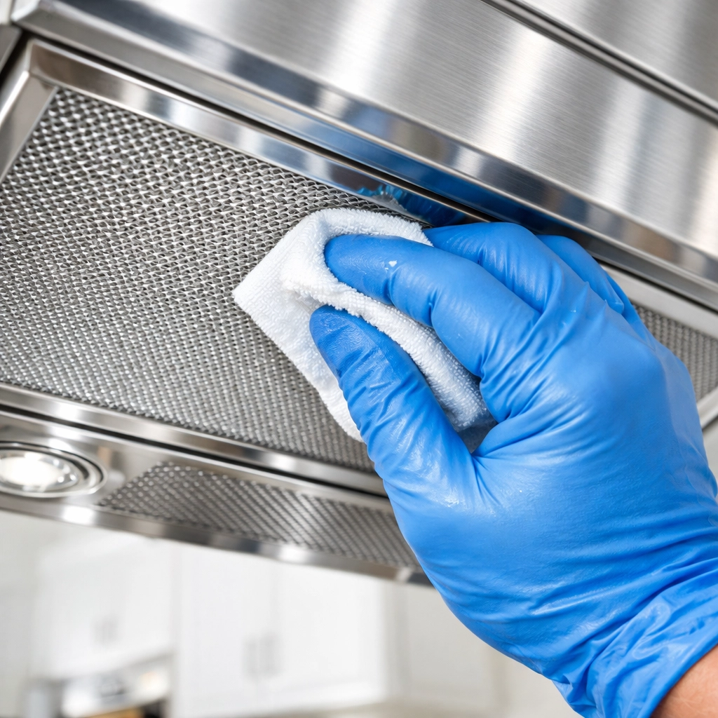 Professional cleaning of a stainless steel range hood filter to remove kitchen grease during apartment turnover.