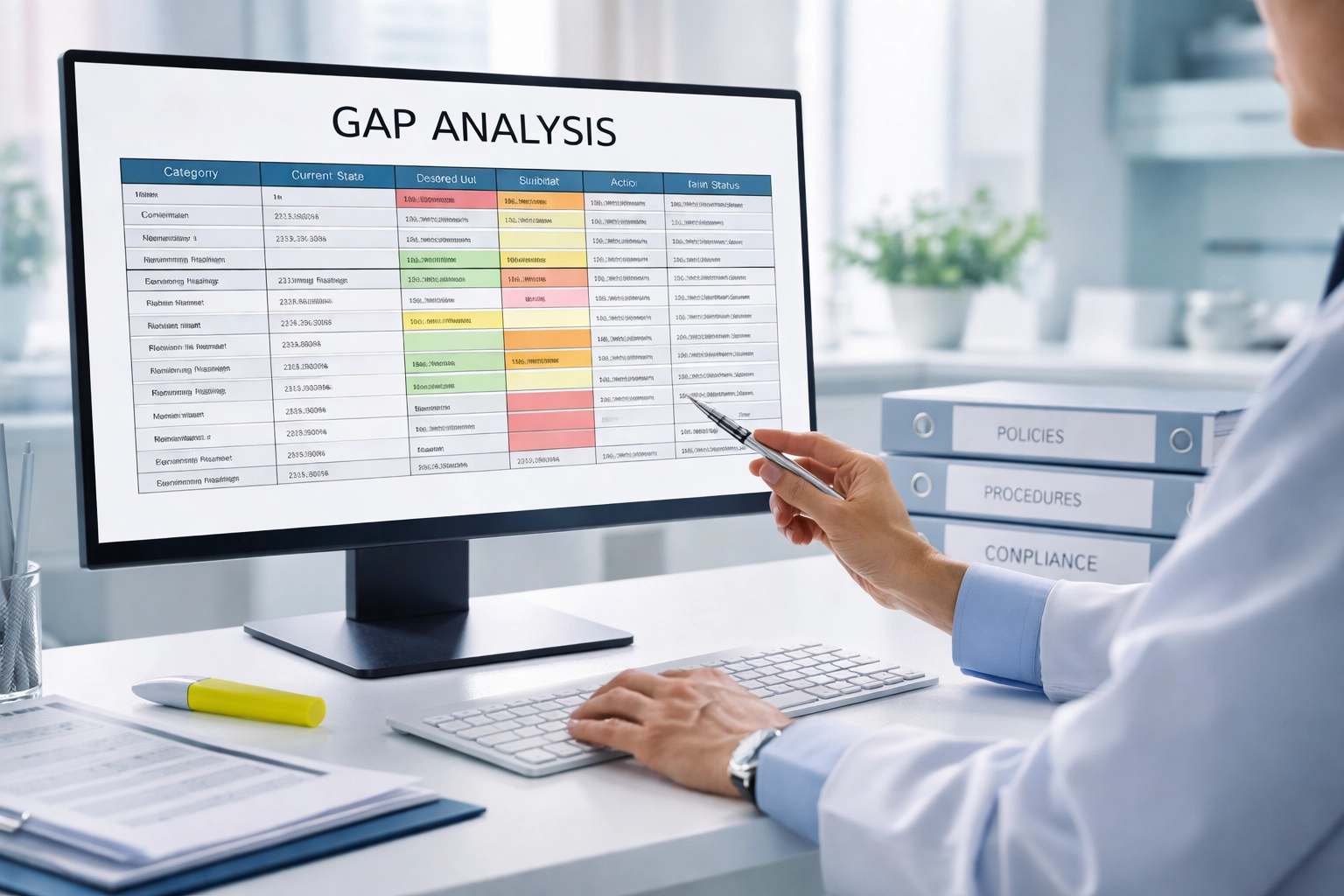 Healthcare administrator conducting gap analysis with policy binders and compliance spreadsheet for ASC