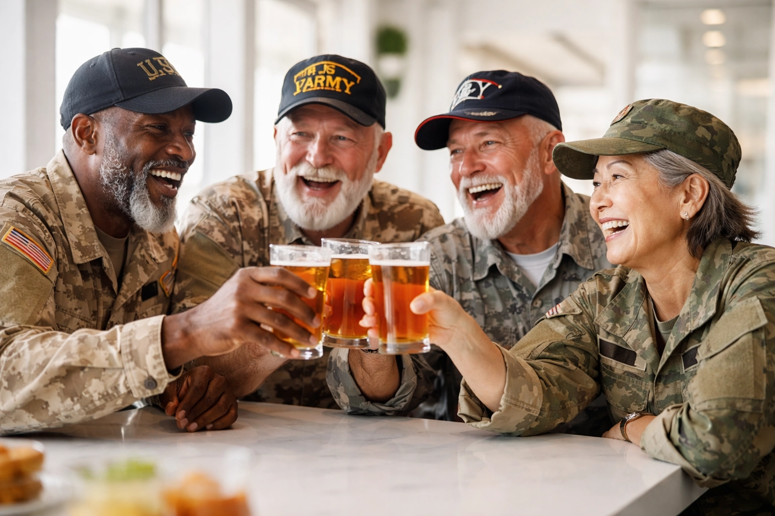 Group of veterans of all ages sharing laughter and camaraderie in a modern bar at American Legion Post 76