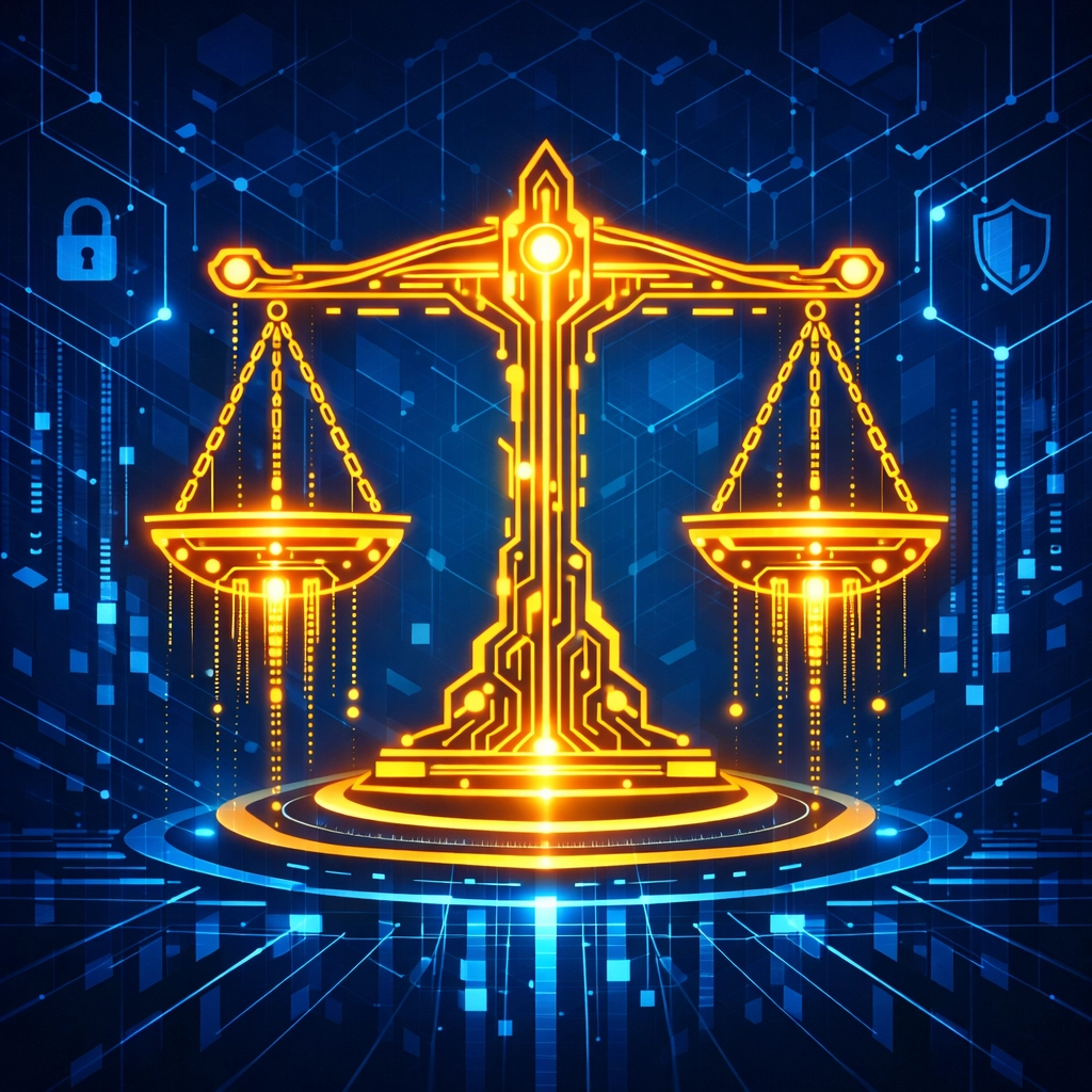 Symbolische Waage für rechtssichere KI im Recruiting gemäß EU AI Act Anforderungen.