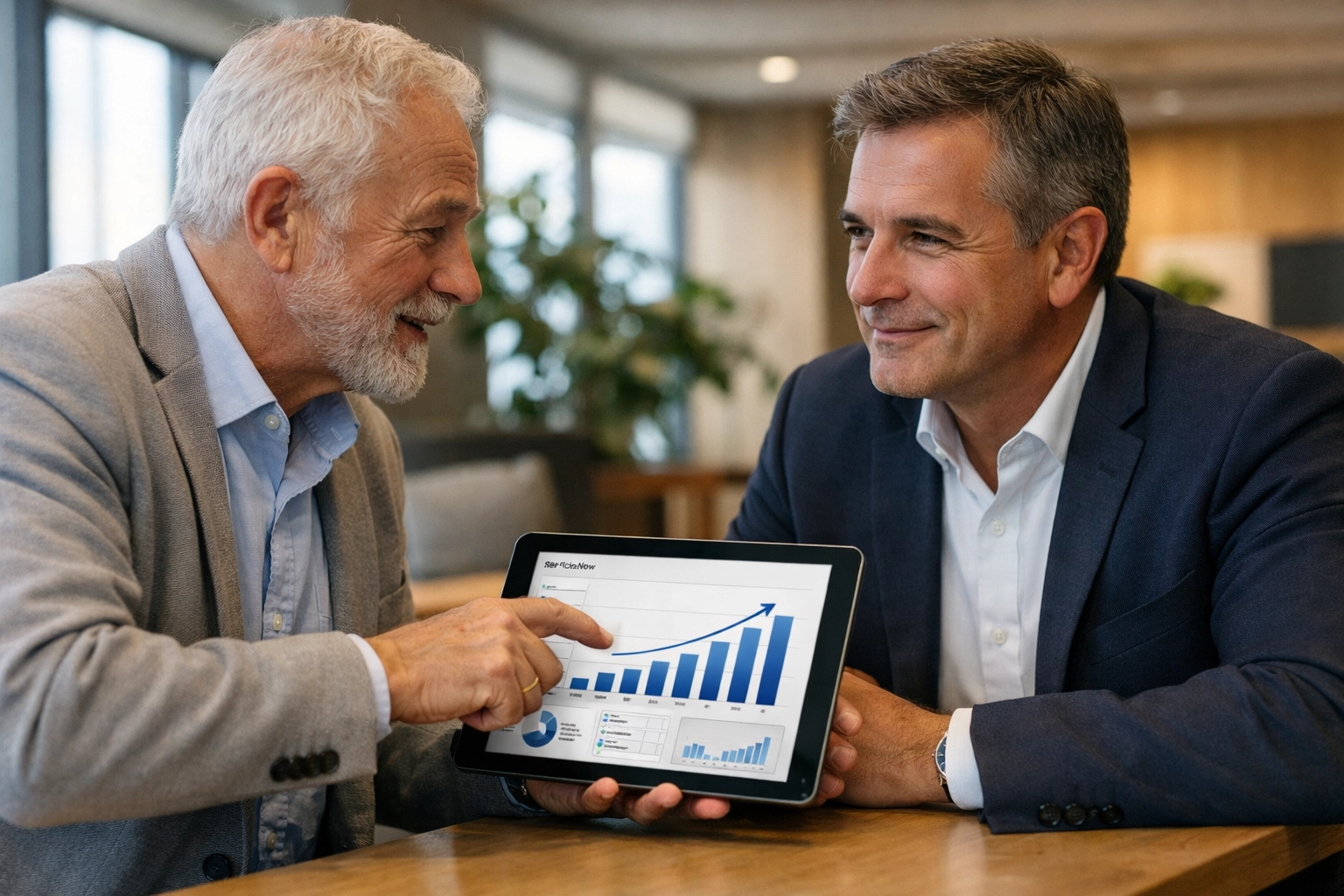 A ServiceNow consulting services expert reviewing ITOM ROI and platform performance with an IT executive.