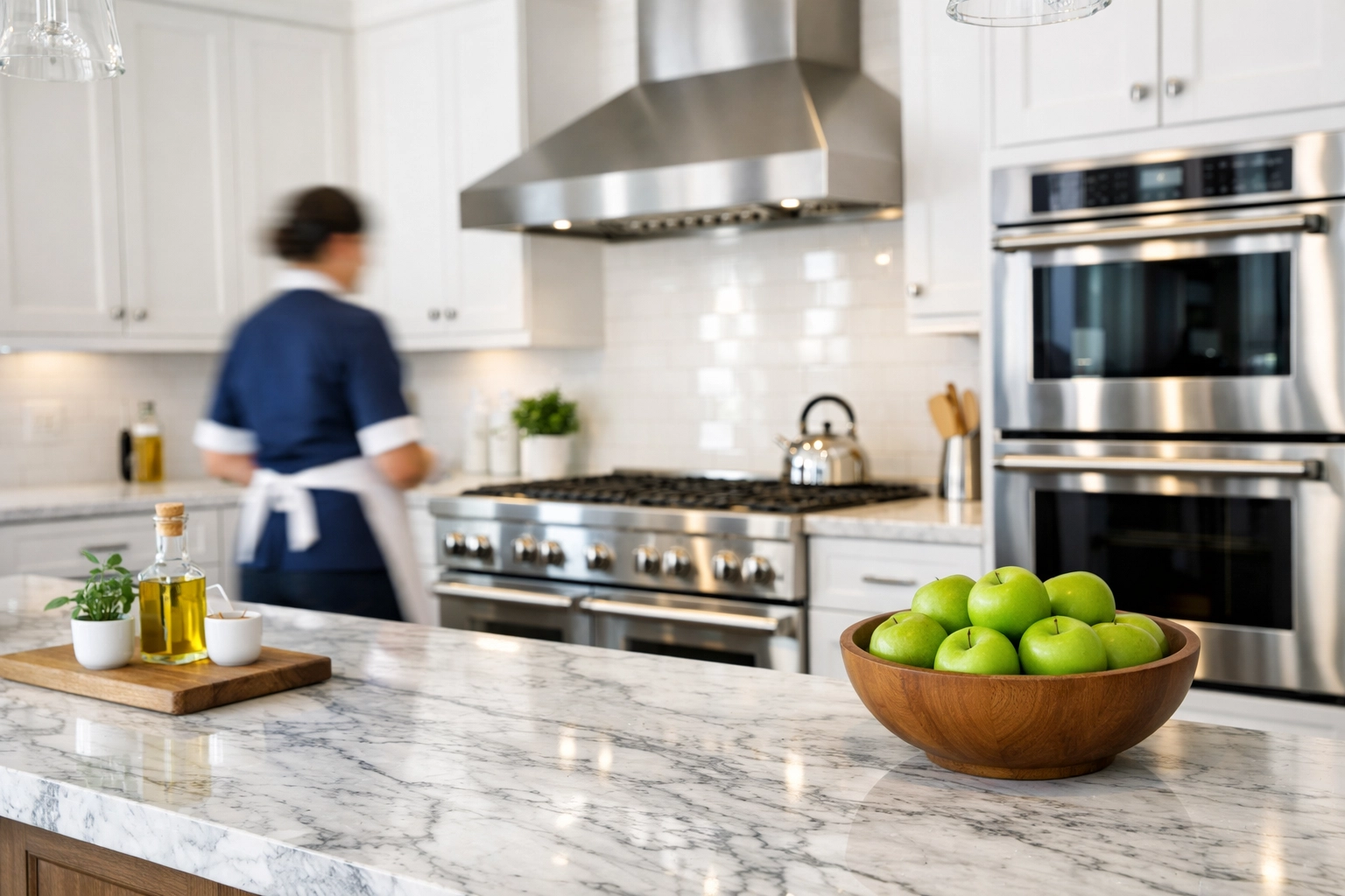 Clean gourmet kitchen with polished appliances from a professional luxury house cleaning in Hamilton service.