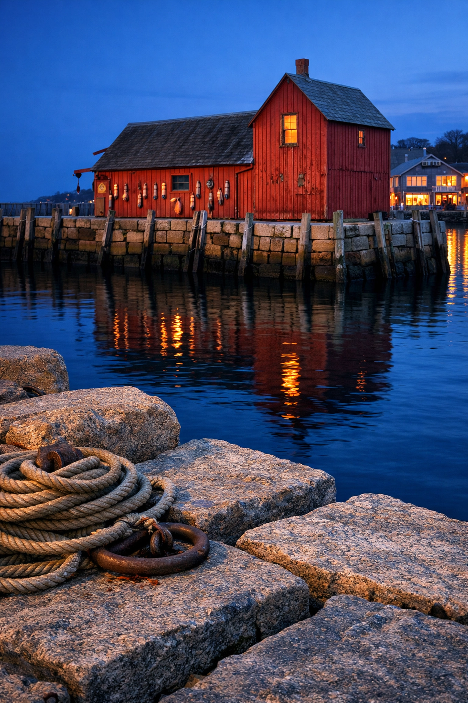 The iconic Motif No. 1 red fishing shack in Rockport harbor, a landmark for coastal boutique hotels New England.