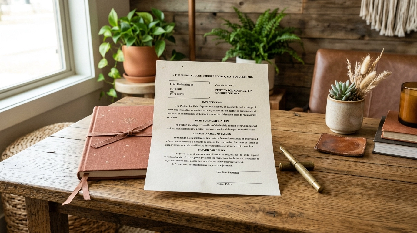 Formal child support modification petition on a high-end Business Boho office table with organic textures