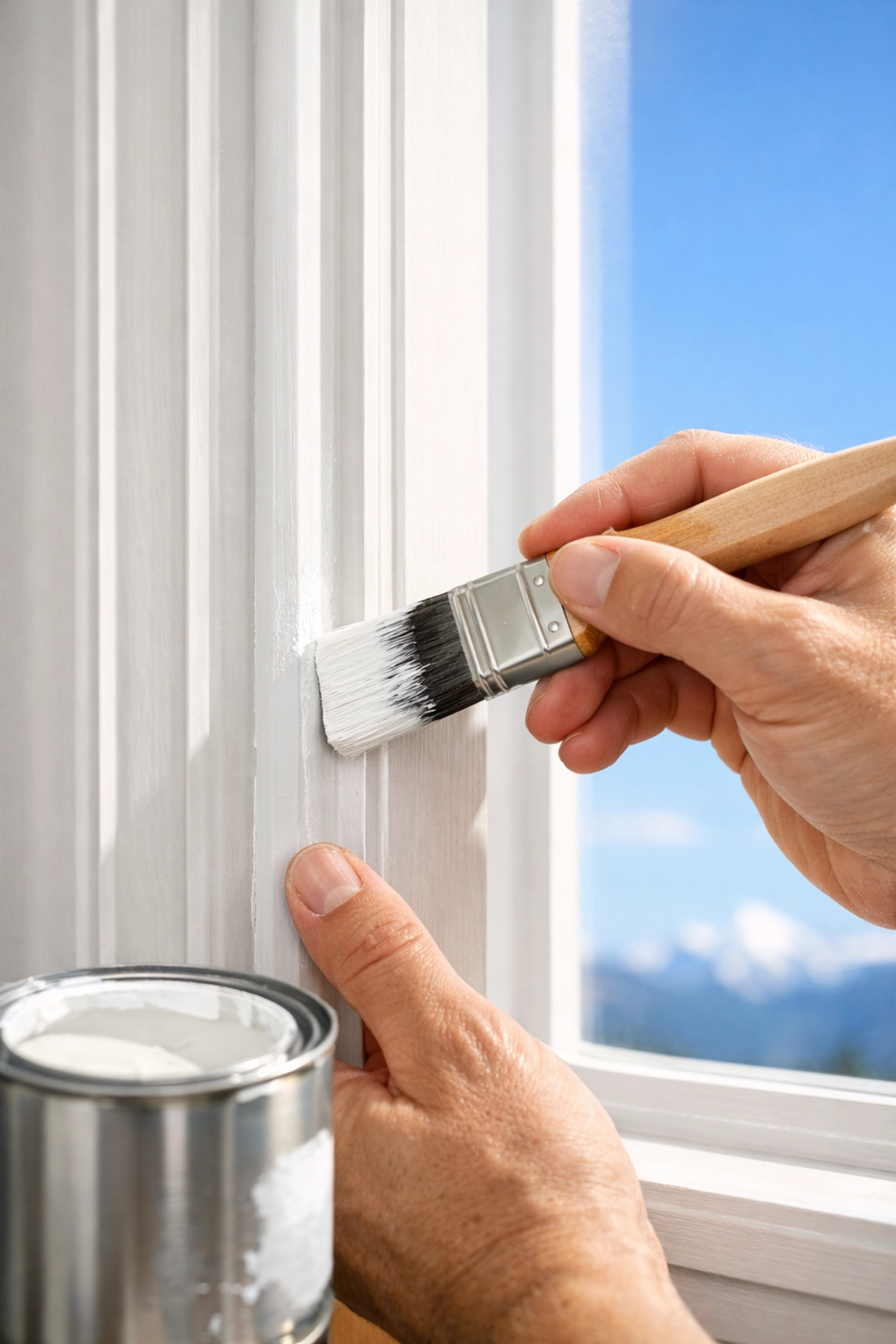 Homeowner painting window trim as part of home repair checklist before selling Homeowner painting window trim as part of home repair checklist before selling