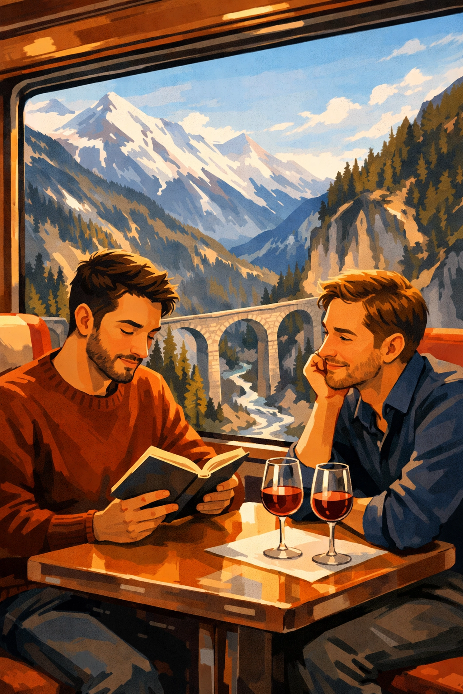 Gay couple reading on Glacier Express train through Swiss Alps scenic journey