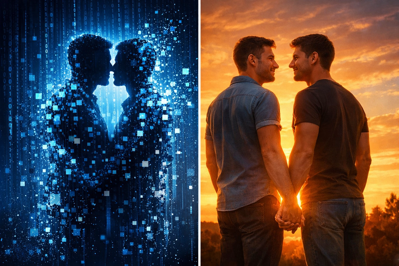 Digital versus real intimacy: gay couple shown as data fragments and holding hands in warm light