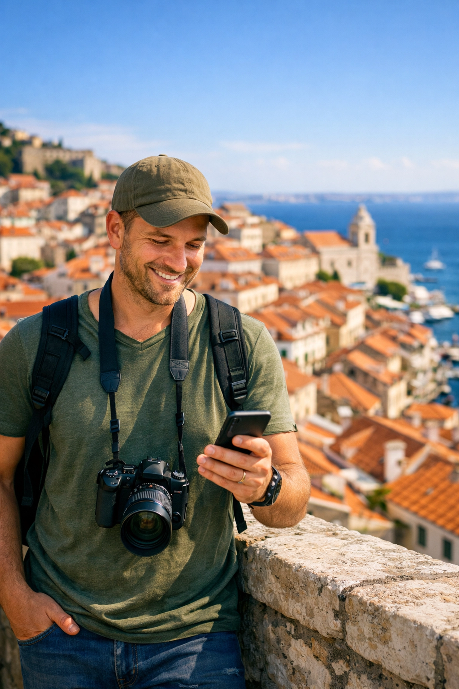 Traveling photographer checking ProShoot.io bookings on a smartphone overlooking a scenic European coastal city.