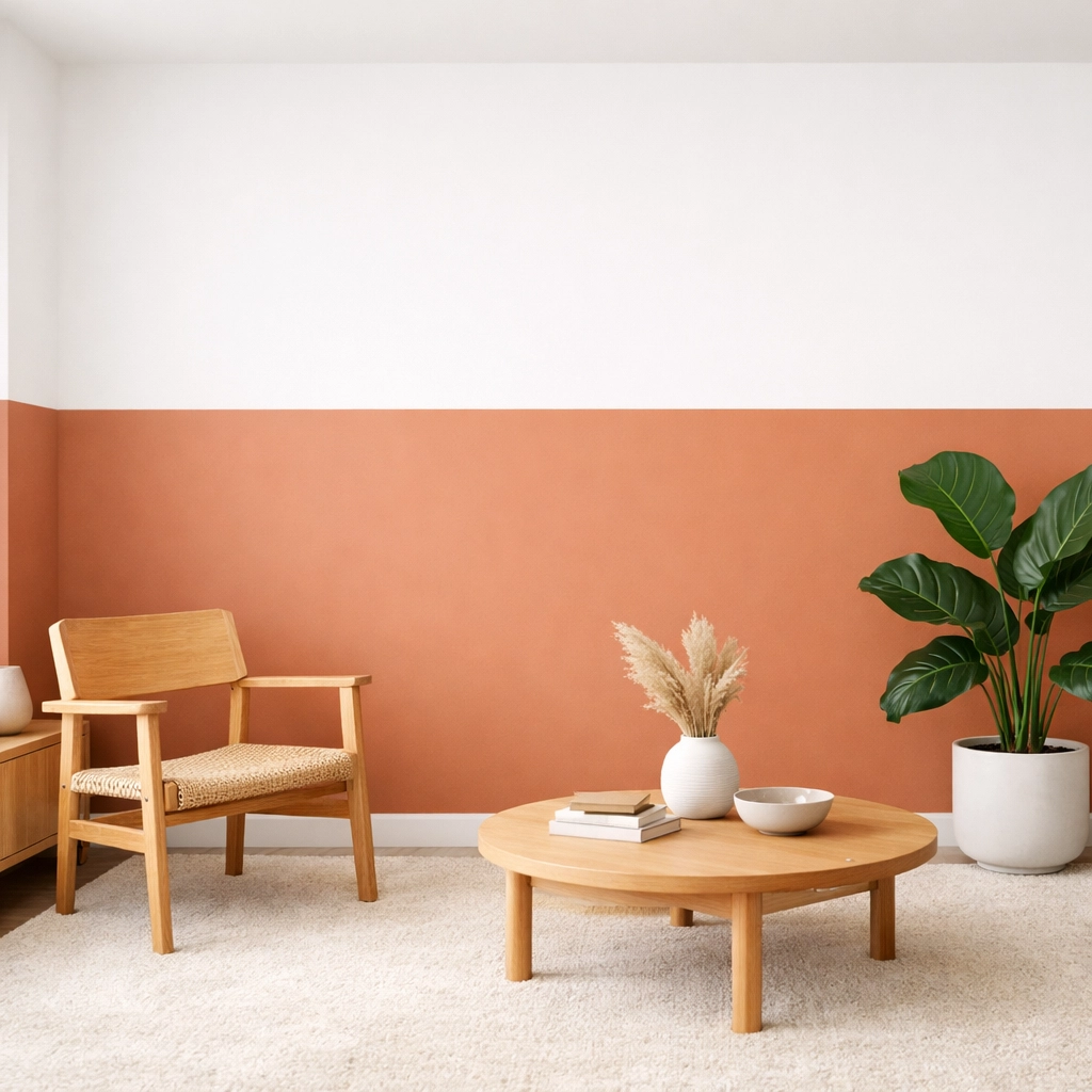Modern living room showing colour capping in terracotta and white by Cheltenham interior decorators.