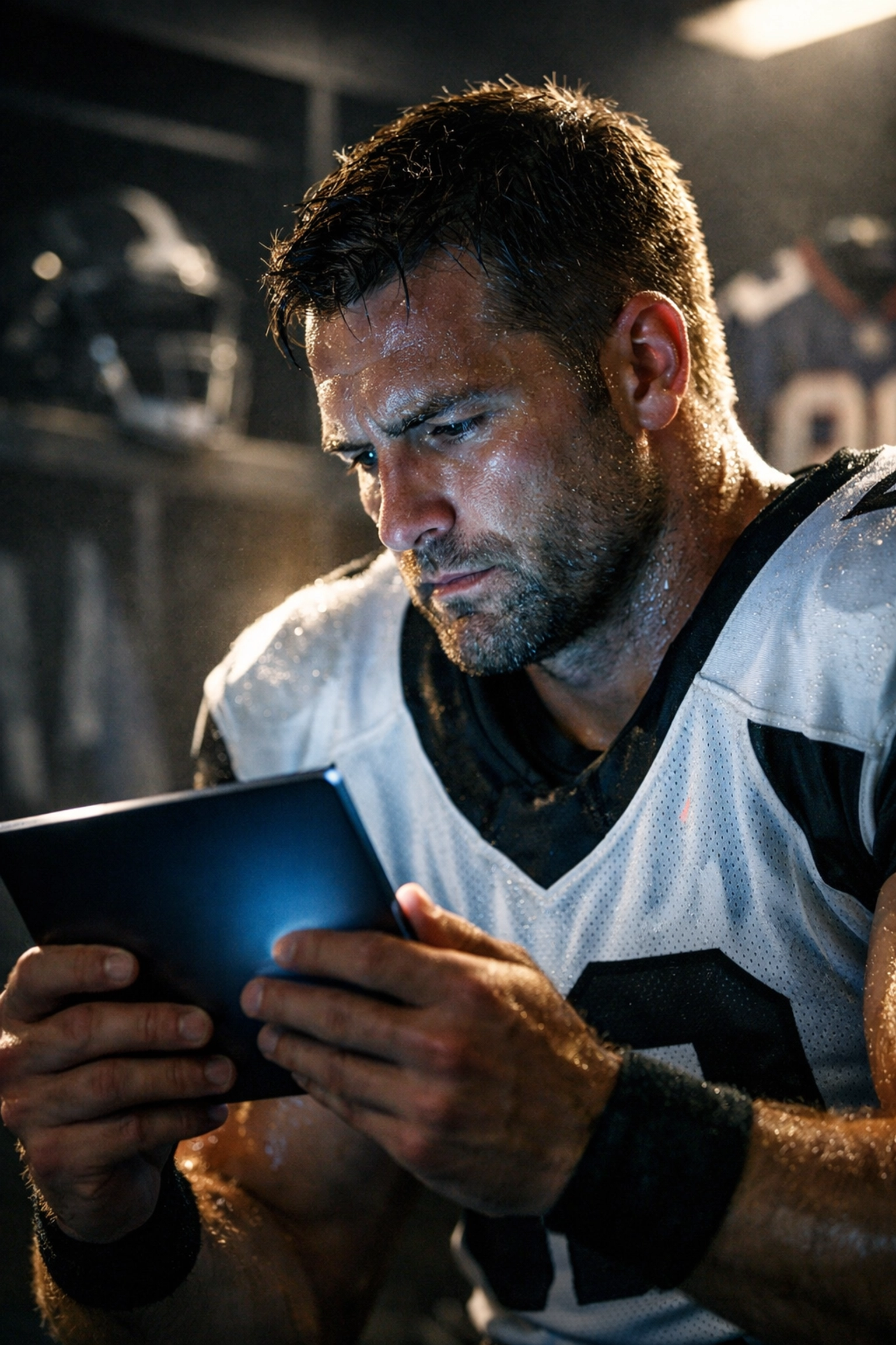 Athlete reviewing digital branding and NIL performance metrics on a tablet in a high-tech locker room.