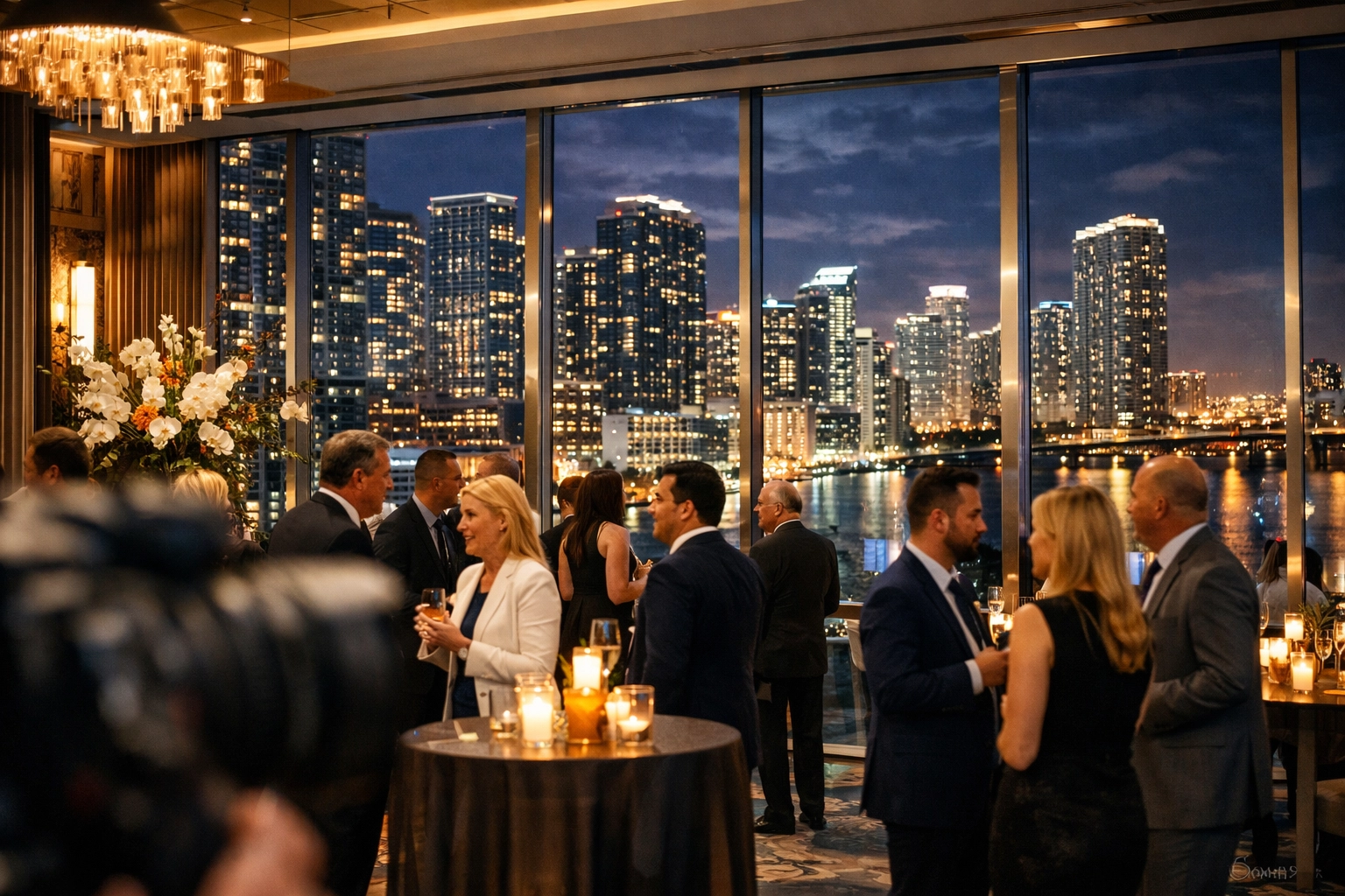 Professional event photographer capturing a luxury corporate gala with Miami Brickell skyline views.