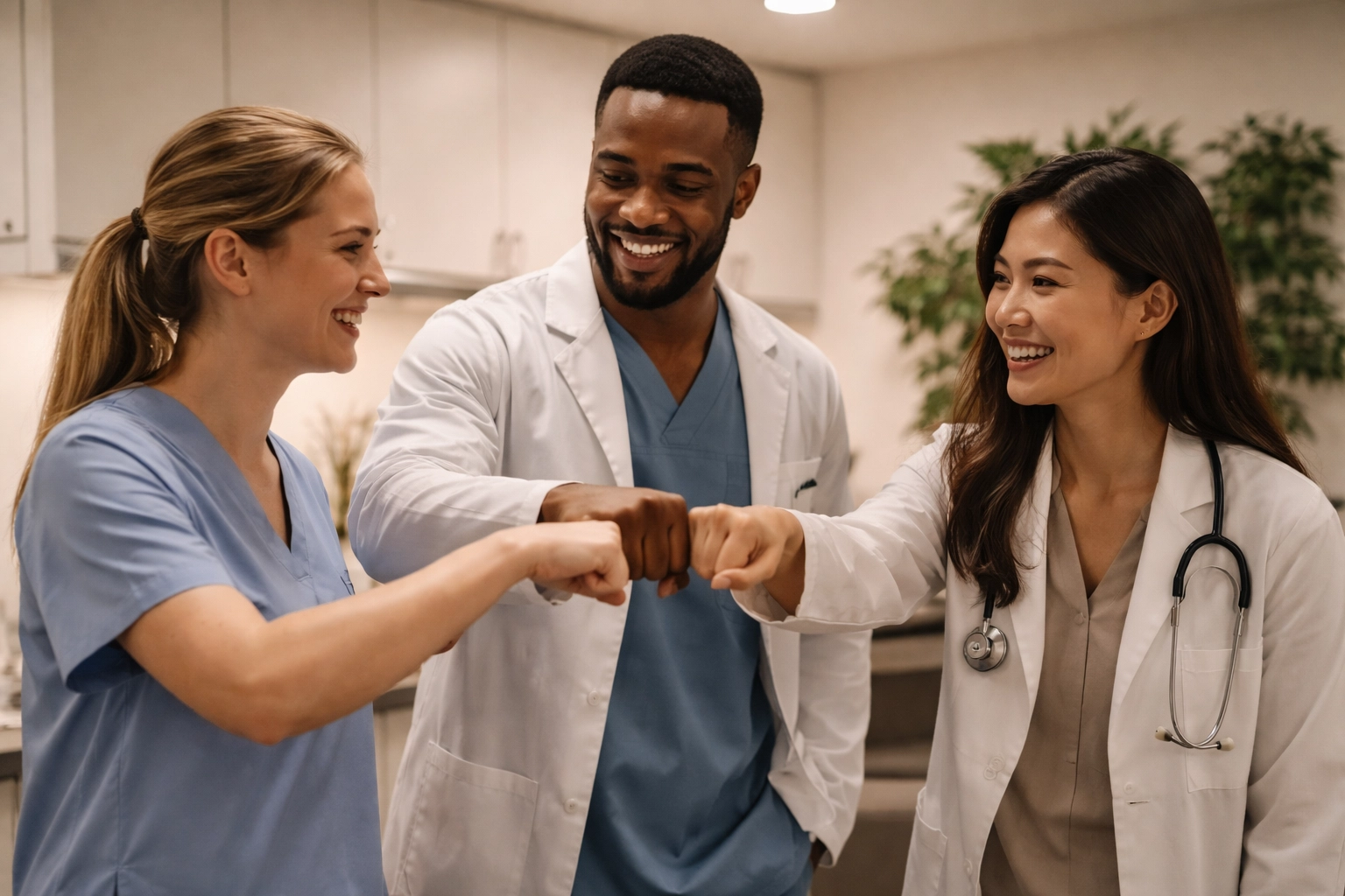 Healthcare team celebrating a small operational victory, boosting morale and building momentum.