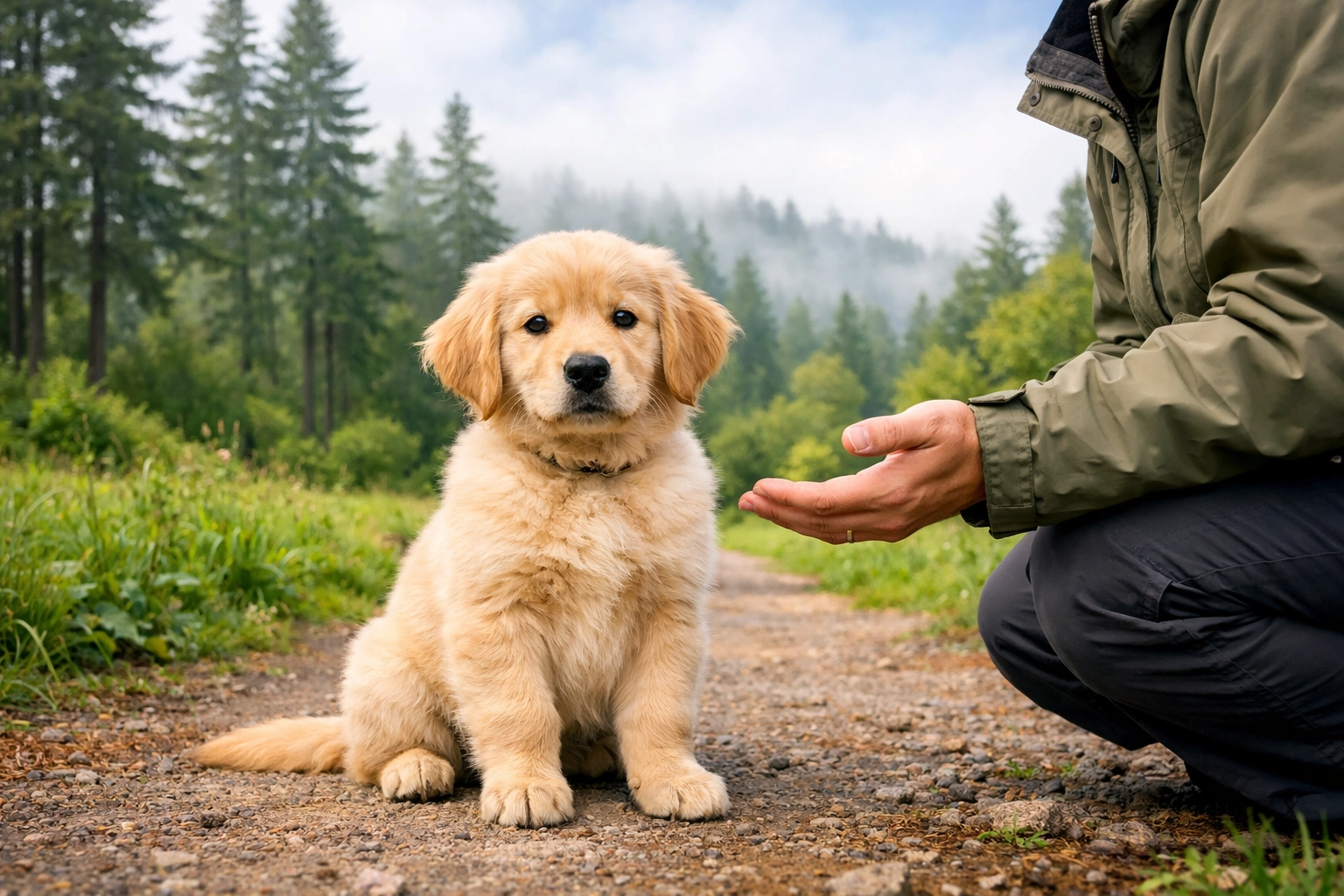 Therapy-ready Golden Retriever puppy sitting calmly in an Oregon park, showcasing successful socialization.