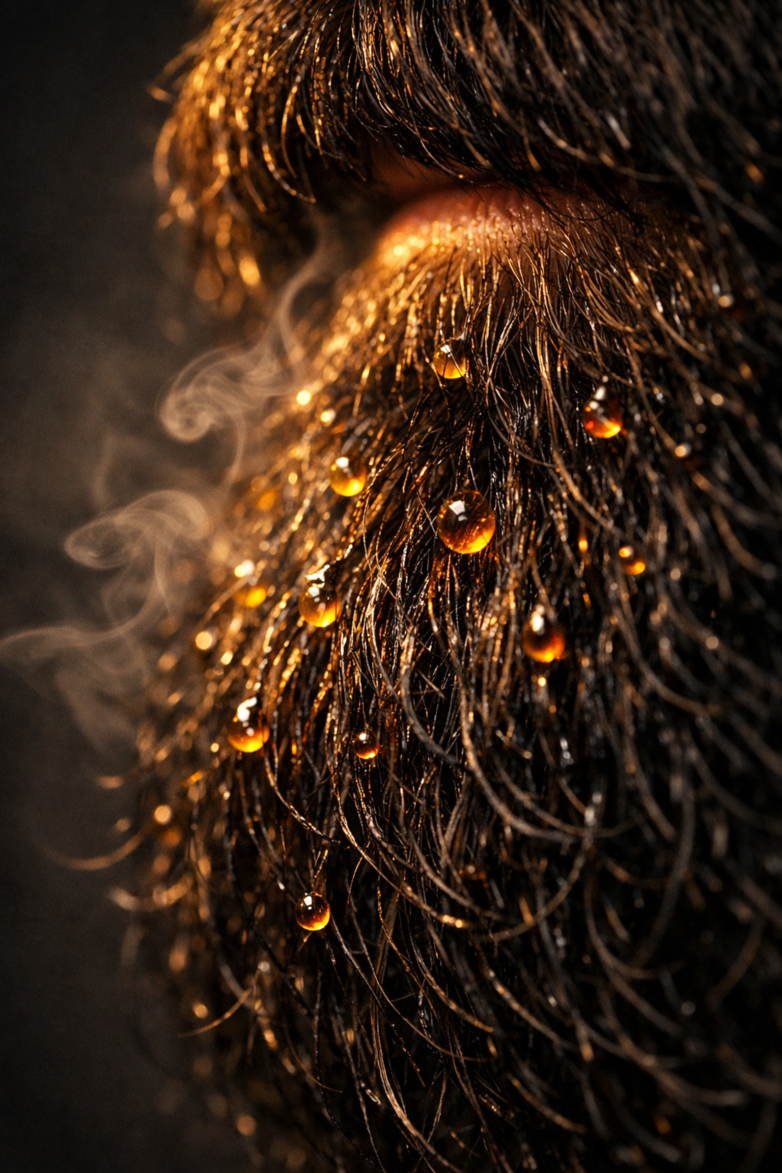 Macro view of beard oil droplets on hair illustrating scent evaporation and environmental factors.