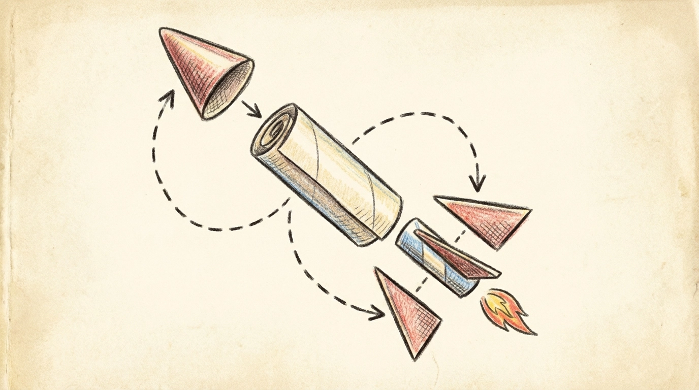 Illustration of a paper straw rocket with fins and nose cone, exploded view showing assembly steps.