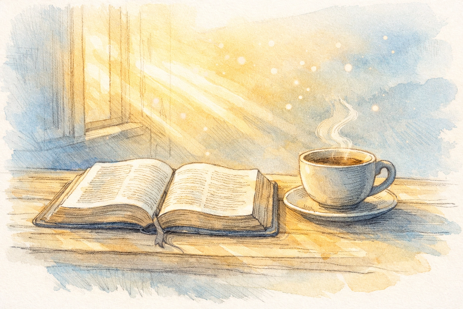 Open Bible with morning coffee representing daily spiritual practice and prayer time